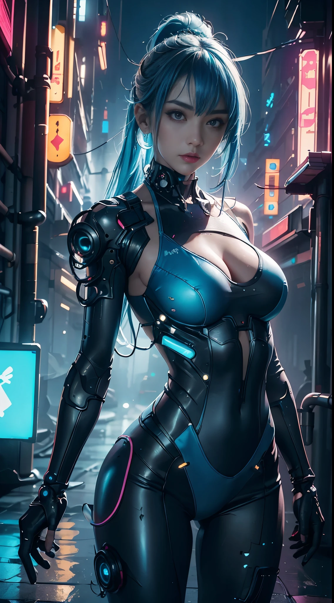 bikini of ,Girl in a swimsuit,dress up sexy,future techwear,Mechanical prosthesis,Mechanical skeleton, natta, ruined cyberpunk city, Neon Billboard, Better image quality, Maximum clarity and clarity, Ultra-realistic realism, high detal, Affofualism,contrasts of light and shadow, cinmatic lighting, 光线追踪, reflective light, denim len/4.0 ,Big with blue hair,neon light , Retro-futuristic mechanic suit ,muscle woman ,Wings,hair illuminated by blue light neon,Featured big breasts,blue neon suit,Swin Suit , Bikini Big Tits