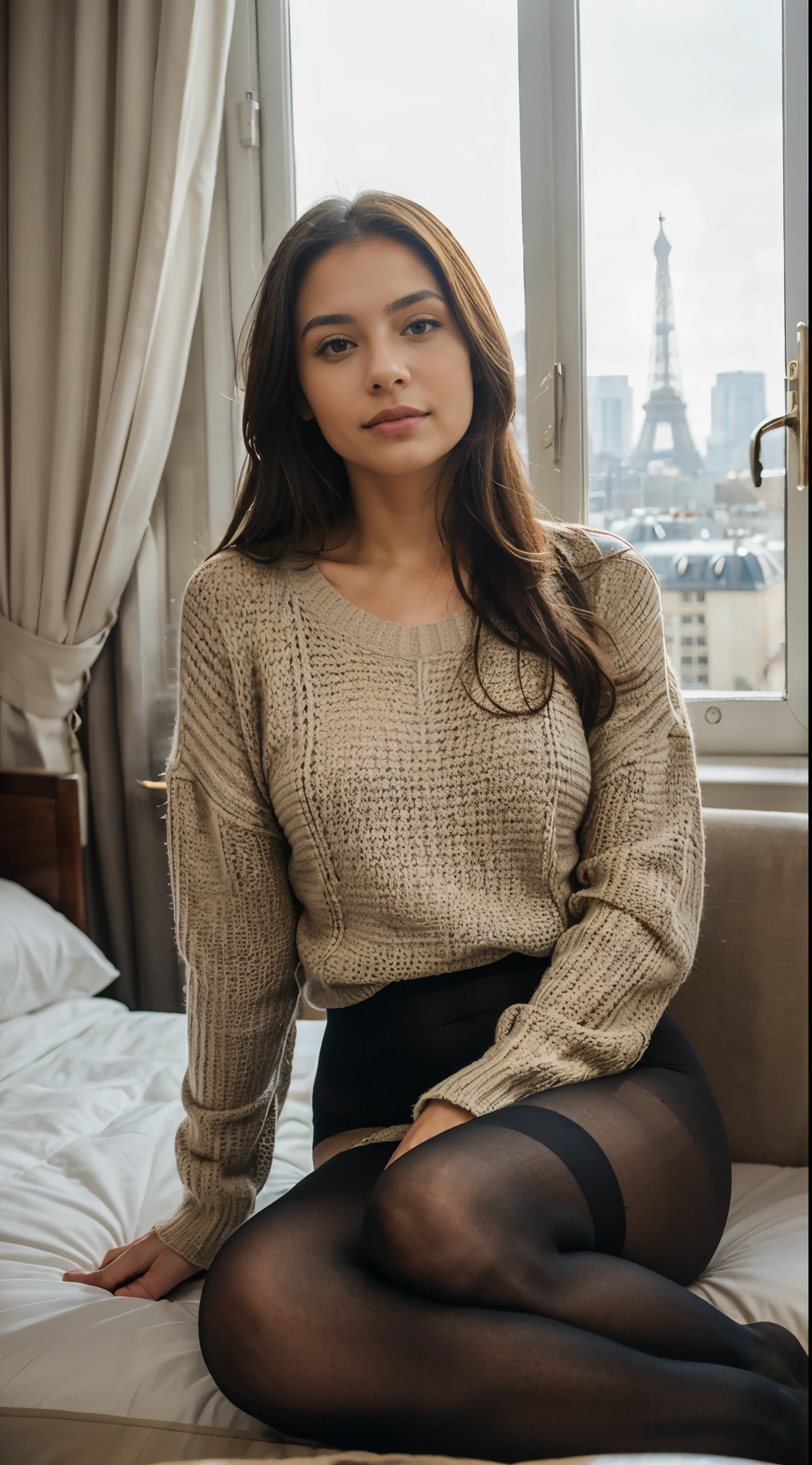 realistic Photo RAW, a beautiful Latina woman, long dark brown hair , wearing only a luxurious sweater and tights, sitting in front of a large window to the view of paris
, in a luxurious hotel
