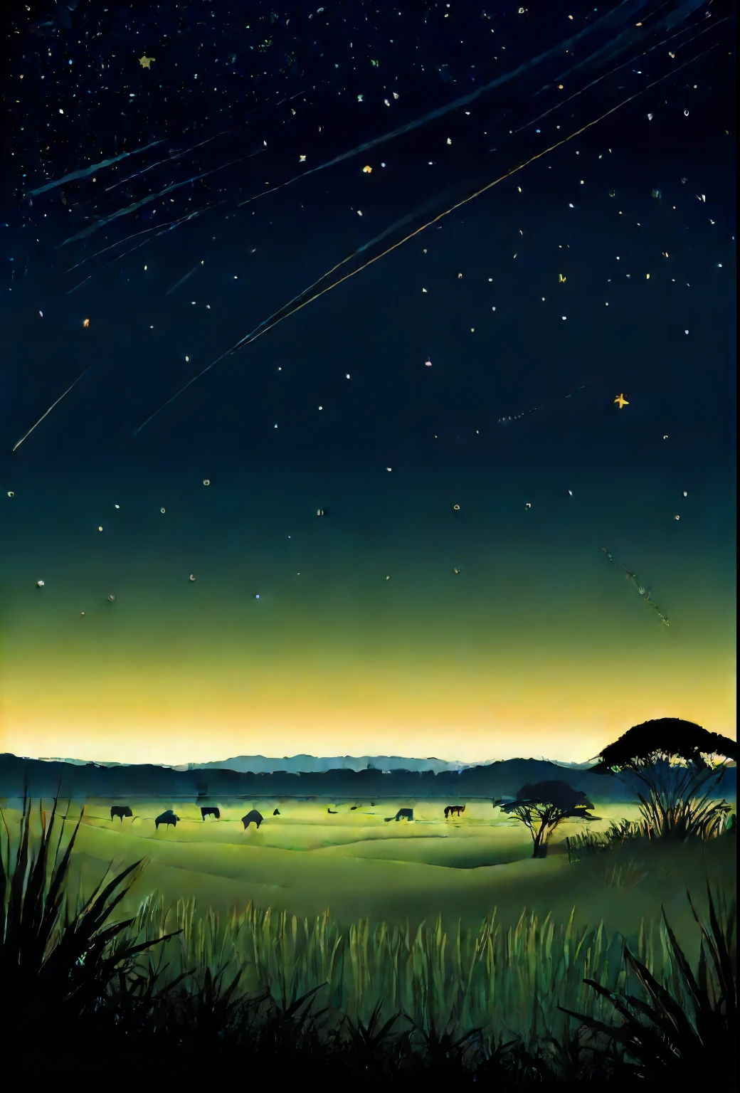 An grass savannah, midnight, illustration, dimly, 