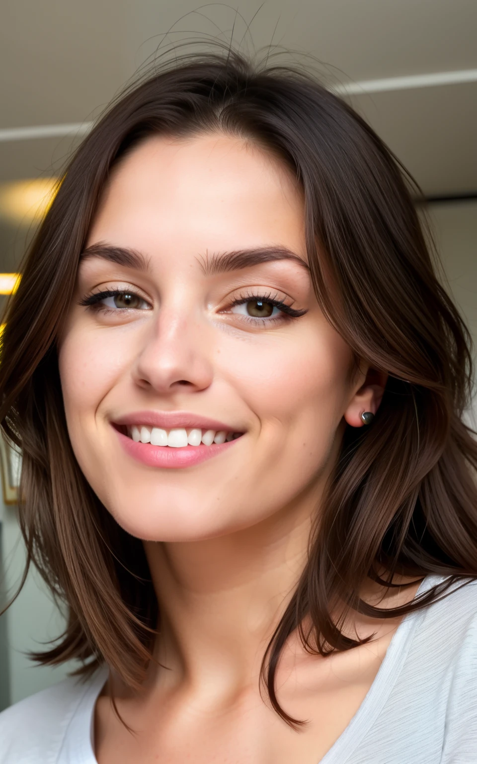 mignonne belle brune, porte un pyjama entier ,tout le corps, angle parfait, very detailed, 32 ans, Visage coquin, long messy hair, yeux marrons, high resolution, chef-d'artwork, best quality,intricate details, very detailed,sharpness, detailed skin,realistic skin texture,texture, detailed eyes, professionnel, 4K, sourire, shot with Canon, 85 mm,faible profondeur de champ,Couleur Kodak Vision, eye shadow, extremely detailed, photo_\(ultra\), photorealistic, realistic, Post-traitement, maximum detail, roughness, real life, ultra realistic, photorealism, photographie, 8K UHD, photographie, Sans soutien-gorge, Pokies