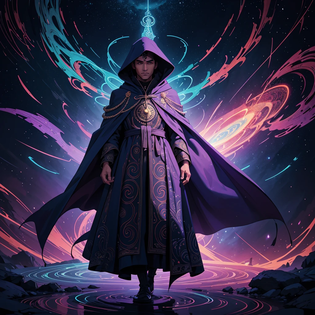 In the foreground, the rap artist stands confidently, donned in a cloak that seems to ripple with the currents of the cosmos. The cloak is adorned with intricate patterns that weave together symbols representing the artist's journey and influences. Reflective surfaces on the cloak catch the neon lights, creating a captivating play of colors and shadows, illustration (High quality) 