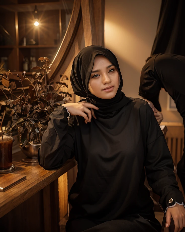 realistic beautiful woman in hijab wearing black clothes and black hijab