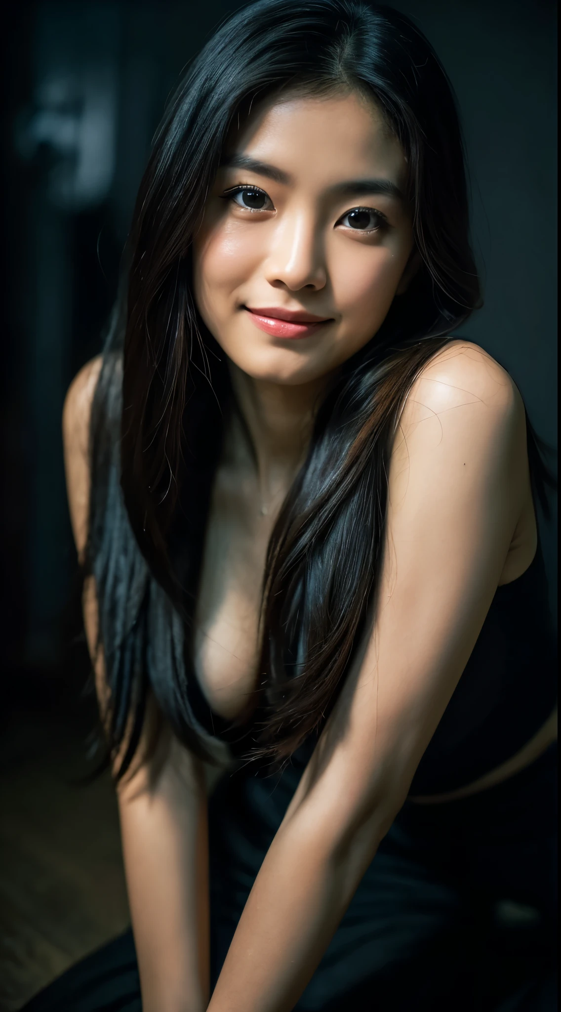 highest quality, epic realistic, ((in the pitch black darkness :1.4)), ((portrait:1.5)),(background: dark ) high contrast ,glorious picture, lowest lux, lighting face, she's comfortable, wearing nothing, , looks incredible, (8k, Raw photo, Highest quality),(epic realistic:1.5), a woman, face,(detailed eyes:0.8),(looking at the camera:1.4), (Highest quality), ( high contrast, deep shadows),Intricate details,cinematic,((skin:1.4)), (long dark hair:1.3), long hair, messy ,(Hdr:1.5),Detailed, colors, Superior quality, Masterpiece, Raw Photo (20-year-old, looking at viewer), beautiful, (wearing plain yellow shirt,), perfect, natural, perfect composition, portrait, perfect face, smiling expression, Captivating eyes, Bright details, Tight lips, (High Skin Detail),, (blue tint: 0.6), (sale: 0.8), (bloody: 0.7), Key lighting , (backlight: 0.5), Medium depth of field, Canon 5d, 50mm lens, f/4 apertures, (Ultra-detailed, Complex detail), sharp focus, soft colors, 8k, Absurd, 80mm, dark background, photography, smiling, pinay, filipina, medium boobs,
