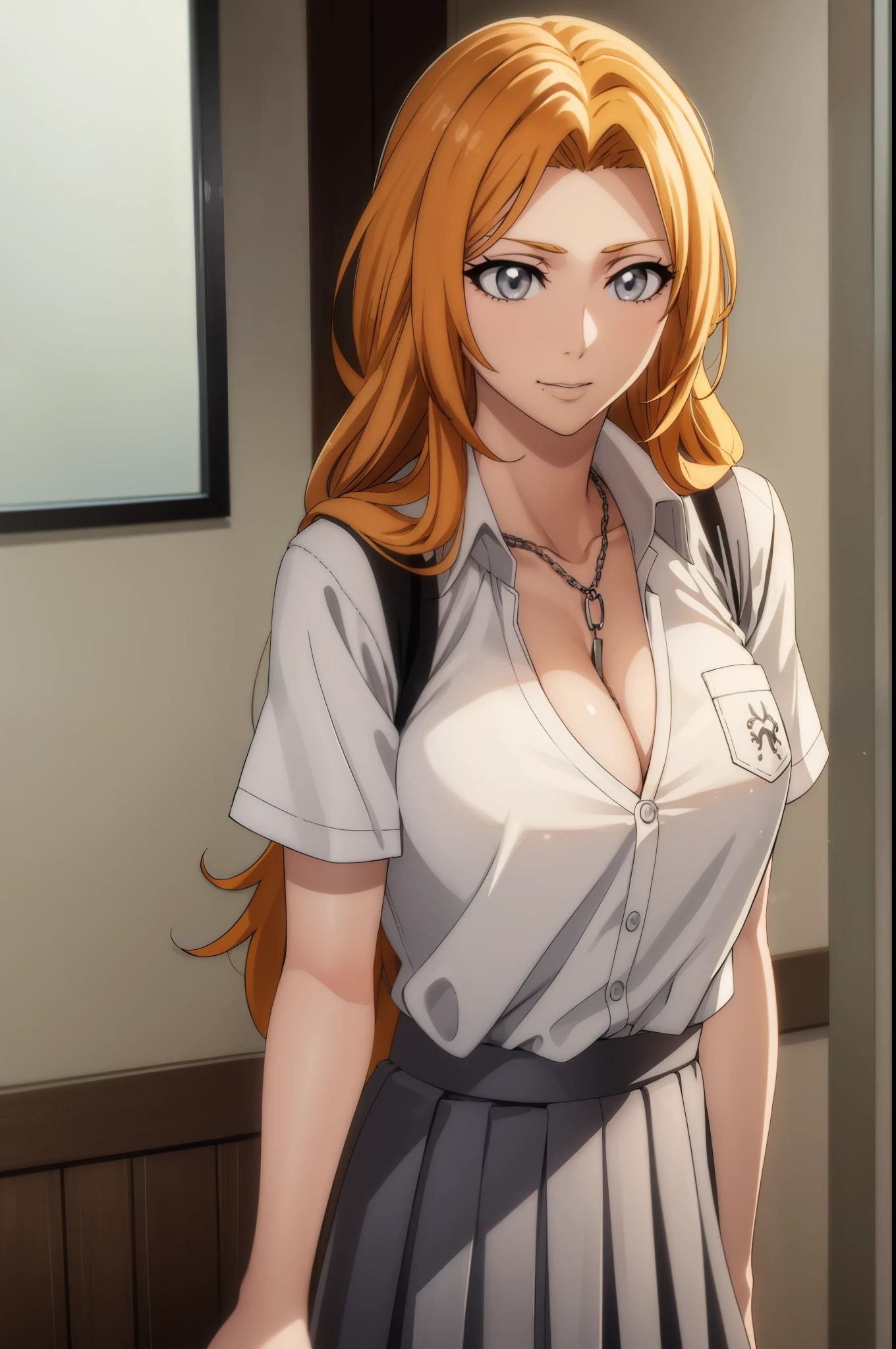 rangikumatsumoto, rangiku matsumoto, long hair, (grey eyes:1.5), orange hair, mole, mole under mouth, parted bangs, smile,
BREAK skirt, shirt, cleavage, jewelry, school uniform, pleated skirt, necklace, chain, collar, short sleeves, grey skirt, white shirt,
BREAK indoors, classroom,
BREAK looking at viewer, (cowboy shot:1.5),
BREAK (masterpiece:1.2), best quality, high resolution, unity 8k wallpaper, (illustration:0.8), (beautiful detailed eyes:1.6), extremely detailed face, perfect lighting, extremely detailed CG, (perfect hands, perfect anatomy),