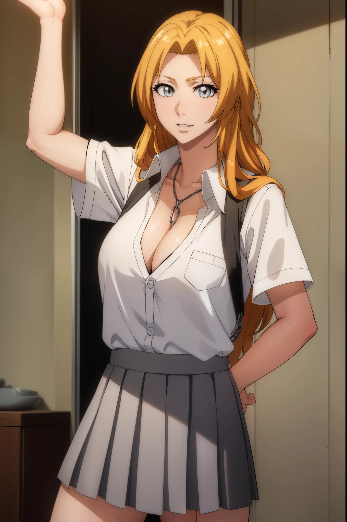 rangikumatsumoto, rangiku matsumoto, long hair, (grey eyes:1.5), orange hair, mole, mole under mouth, parted bangs, smile,
BREAK skirt, shirt, cleavage, jewelry, school uniform, pleated skirt, necklace, chain, collar, short sleeves, grey skirt, white shirt,
BREAK indoors, classroom,
BREAK looking at viewer, (cowboy shot:1.5),
BREAK (masterpiece:1.2), best quality, high resolution, unity 8k wallpaper, (illustration:0.8), (beautiful detailed eyes:1.6), extremely detailed face, perfect lighting, extremely detailed CG, (perfect hands, perfect anatomy),