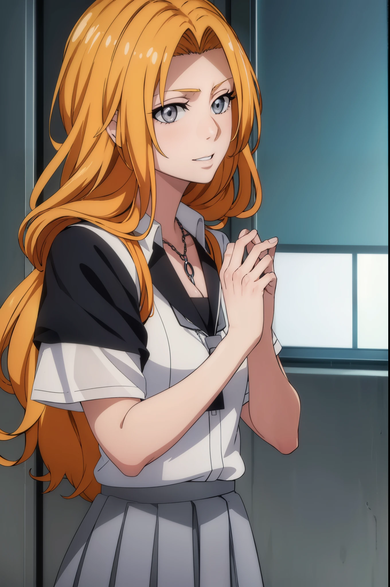 rangikumatsumoto, rangiku matsumoto, long hair, (grey eyes:1.5), orange hair, mole, mole under mouth, parted bangs, smile,
BREAK skirt, shirt, cleavage, jewelry, school uniform, pleated skirt, necklace, chain, collar, short sleeves, grey skirt, white shirt,
BREAK indoors, classroom,
BREAK looking at viewer, (cowboy shot:1.5),
BREAK (masterpiece:1.2), best quality, high resolution, unity 8k wallpaper, (illustration:0.8), (beautiful detailed eyes:1.6), extremely detailed face, perfect lighting, extremely detailed CG, (perfect hands, perfect anatomy),