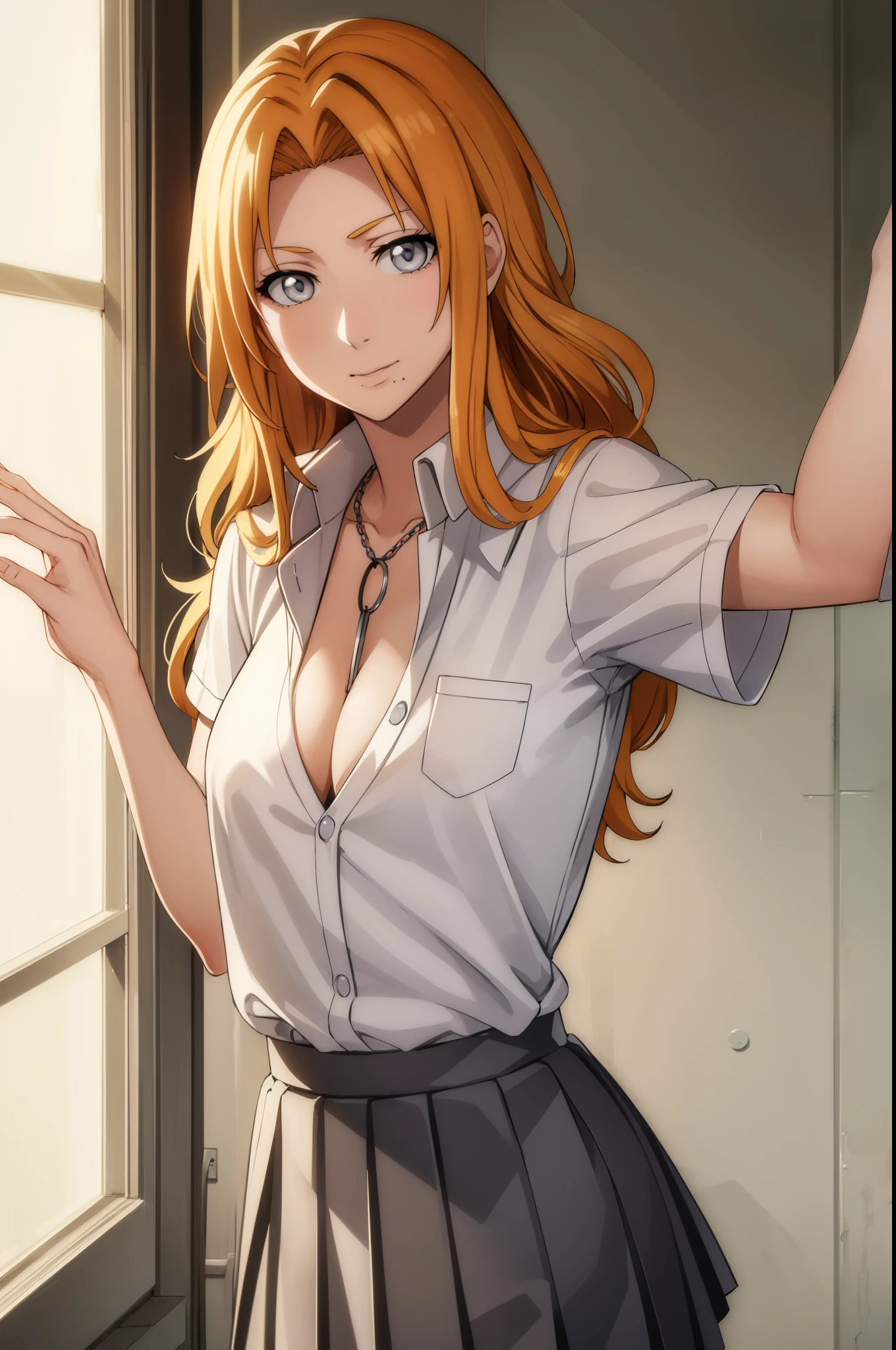 rangikumatsumoto, rangiku matsumoto, long hair, (grey eyes:1.5), orange hair, mole, mole under mouth, parted bangs, smile,
BREAK skirt, shirt, cleavage, jewelry, school uniform, pleated skirt, necklace, chain, collar, short sleeves, grey skirt, white shirt,
BREAK indoors, classroom,
BREAK looking at viewer, (cowboy shot:1.5),
BREAK (masterpiece:1.2), best quality, high resolution, unity 8k wallpaper, (illustration:0.8), (beautiful detailed eyes:1.6), extremely detailed face, perfect lighting, extremely detailed CG, (perfect hands, perfect anatomy),