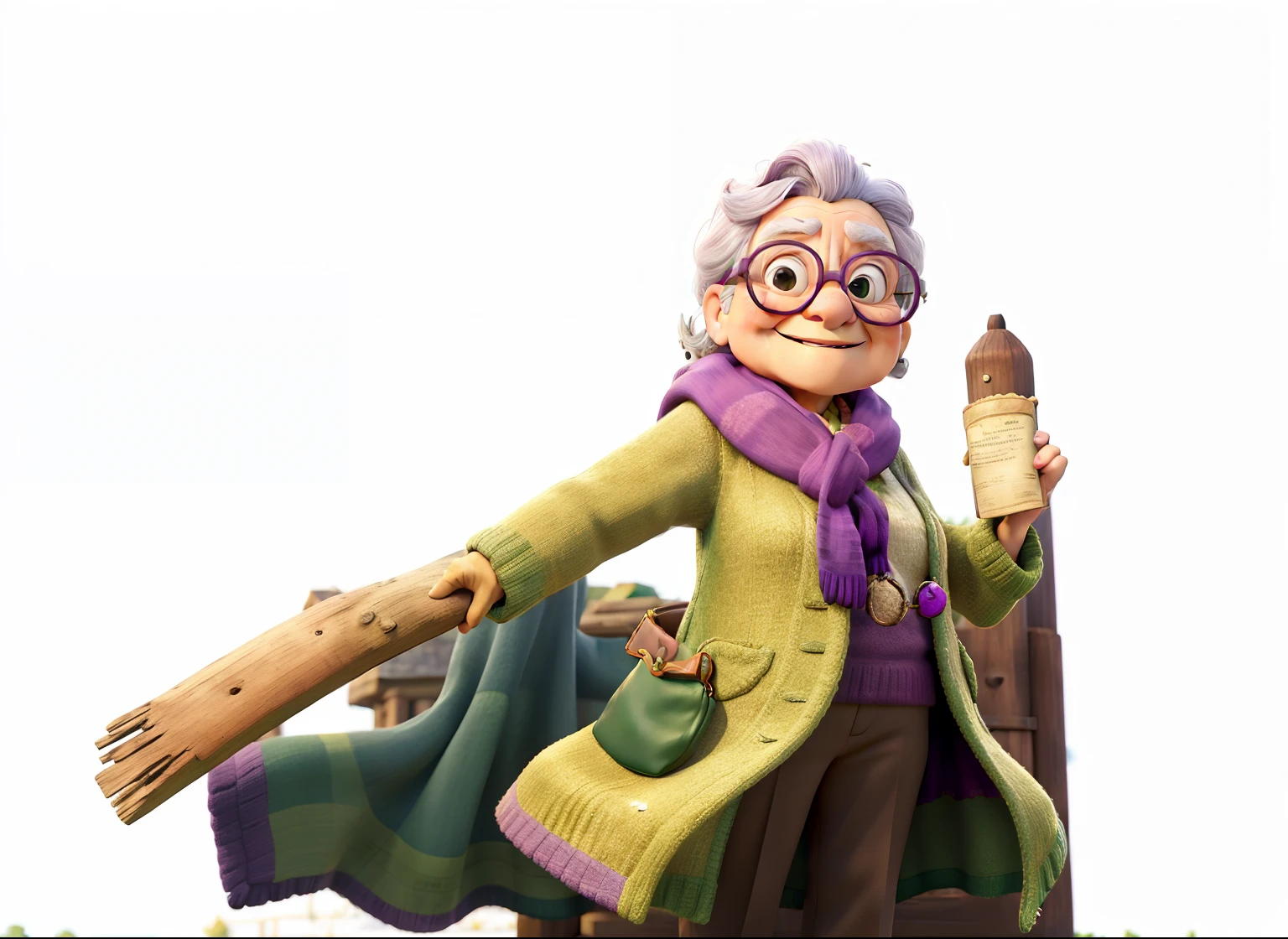 masterpiece, best quality, an old woman with glasses and a scarf on, wearing a purple coat and green scarf, standing at the park