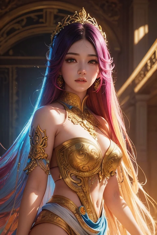 beautiful (zxzxberna), intricate colorful hair with , sunlight, beautiful lighting, vibrant lighting, intricate, highly detailed, elegant, smooth, by Ruan Jia and Artgerm and Anton Fadeev,