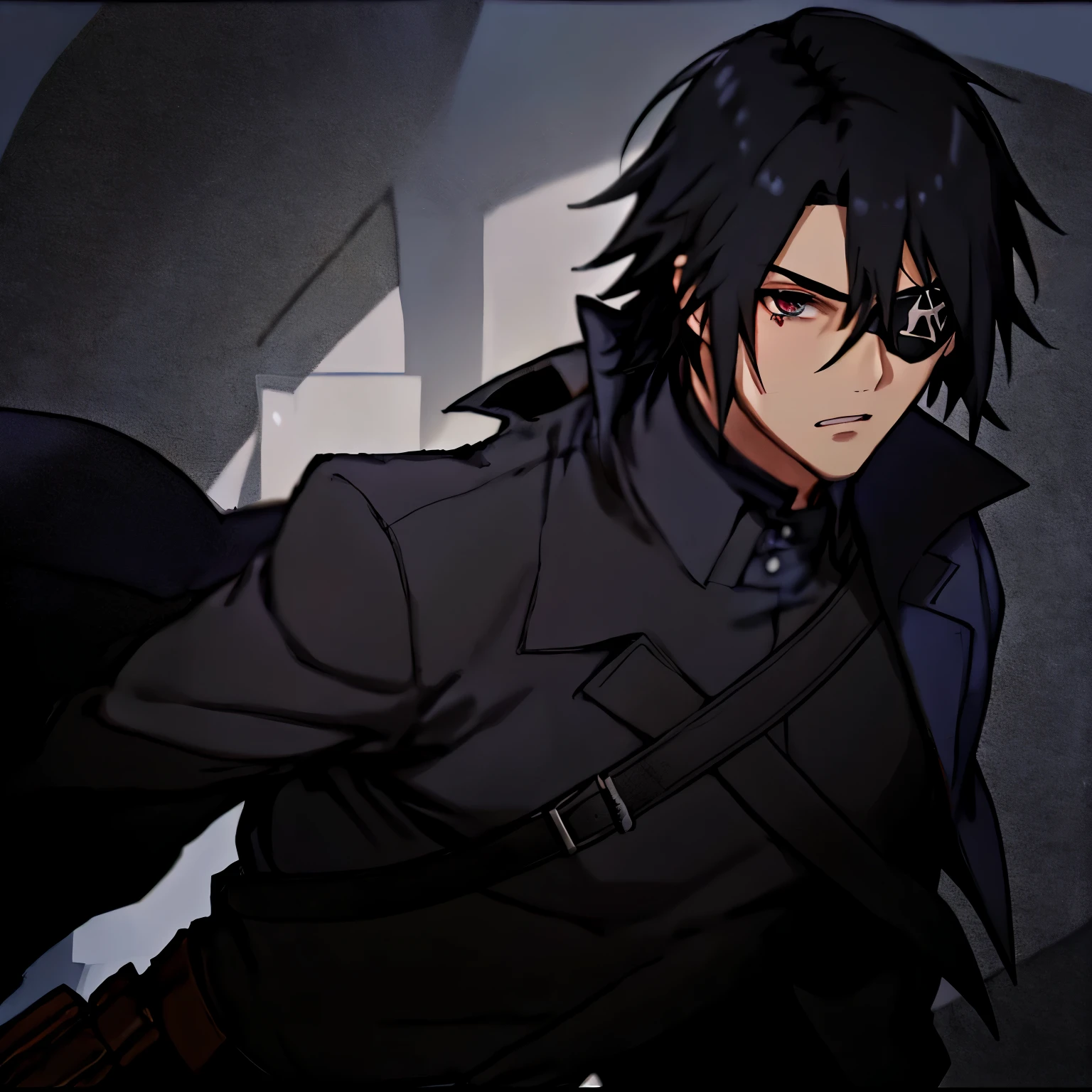 a man with black hair and black clothes, an eye patch covers his left eye