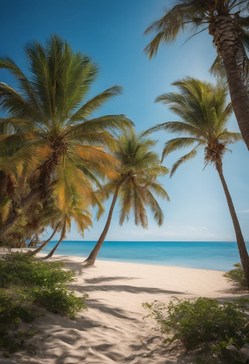 Create a panoramic landscape located on a deserted beach with palm trees with a clear blue sky