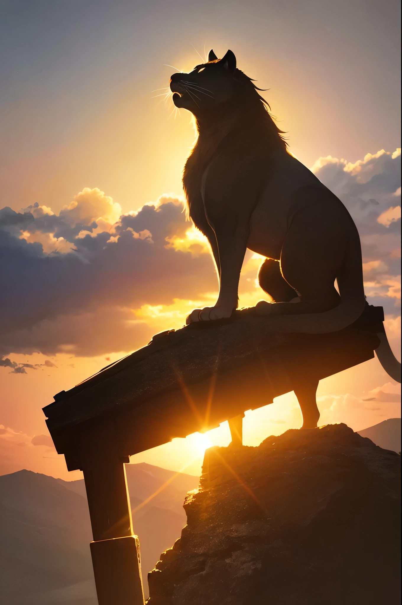 Roaring lion on top of mountain,(((silhouette))),Backlight, Photorealism, hyper-realistic, orante, Super detailed, Sunset lighting, shadow, high dynamic range,work