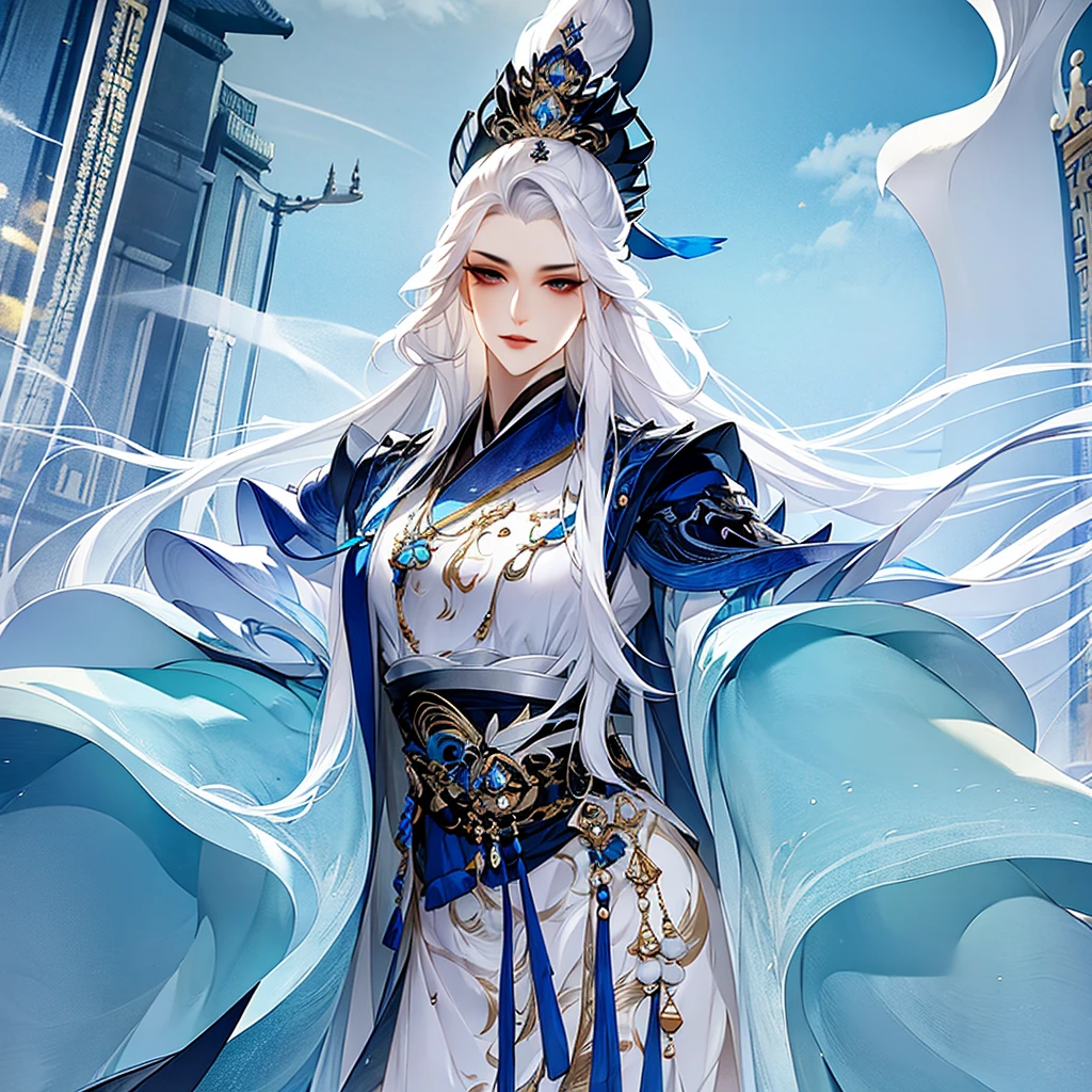 best quality，masterpiece，Highly detailed wallpapers，1 beauty，beautiful eyes，Character standing painting，long white hair，Imperial temperament，asian architecture palace，Gorgeous hair accessorielue clothes，white hair，looking at the audience，Hanfed pillar，ink style，