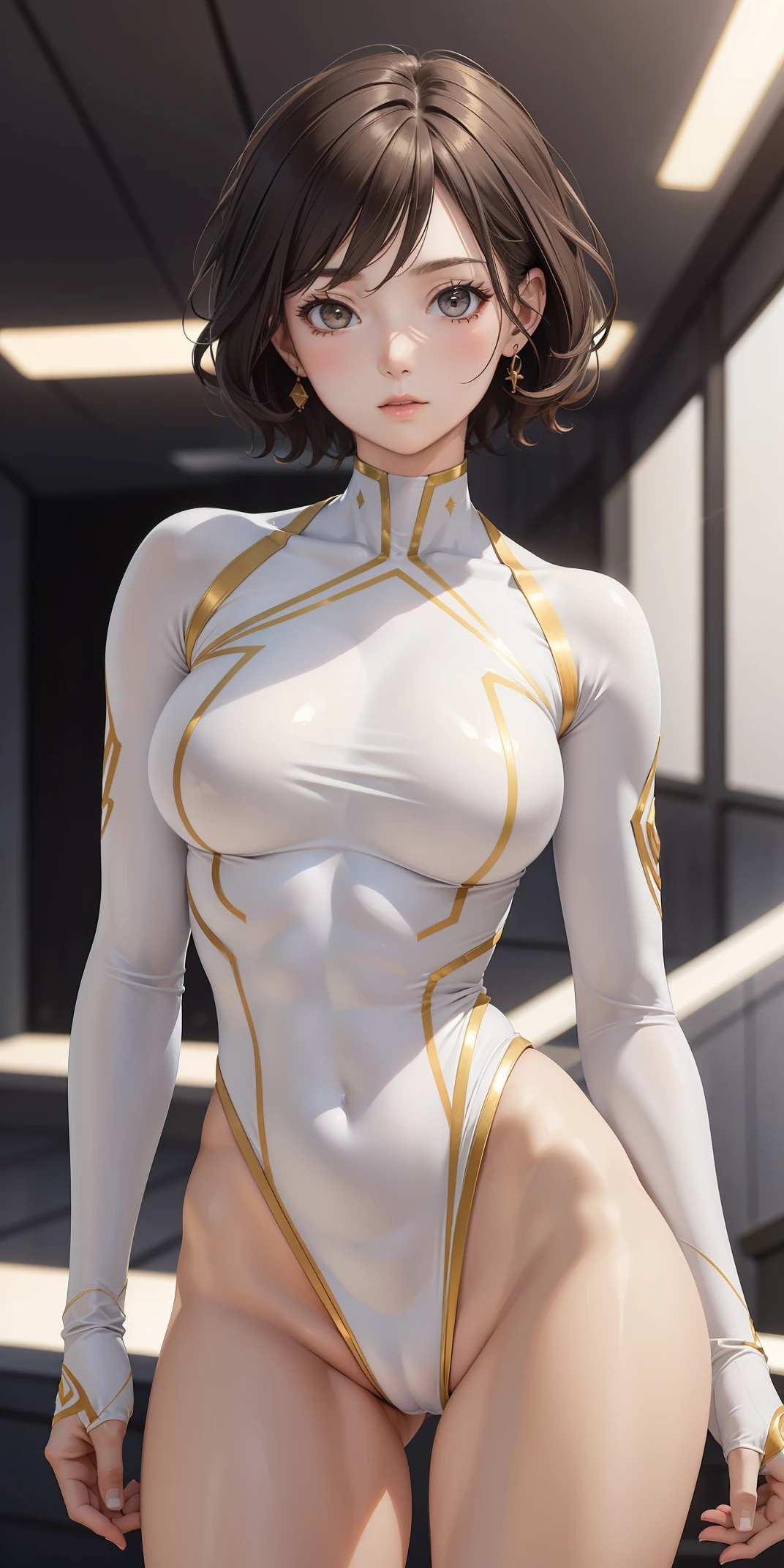 (masterpiece, best quality, ultra-detailed, photorealistic), 1 girl, upper body shot, curvaceous but slender body, with short curly hair, white skin, gray eyes, defined and athletic body, white science fiction costume clothes with golden details, look forward, confident, contrapposto
