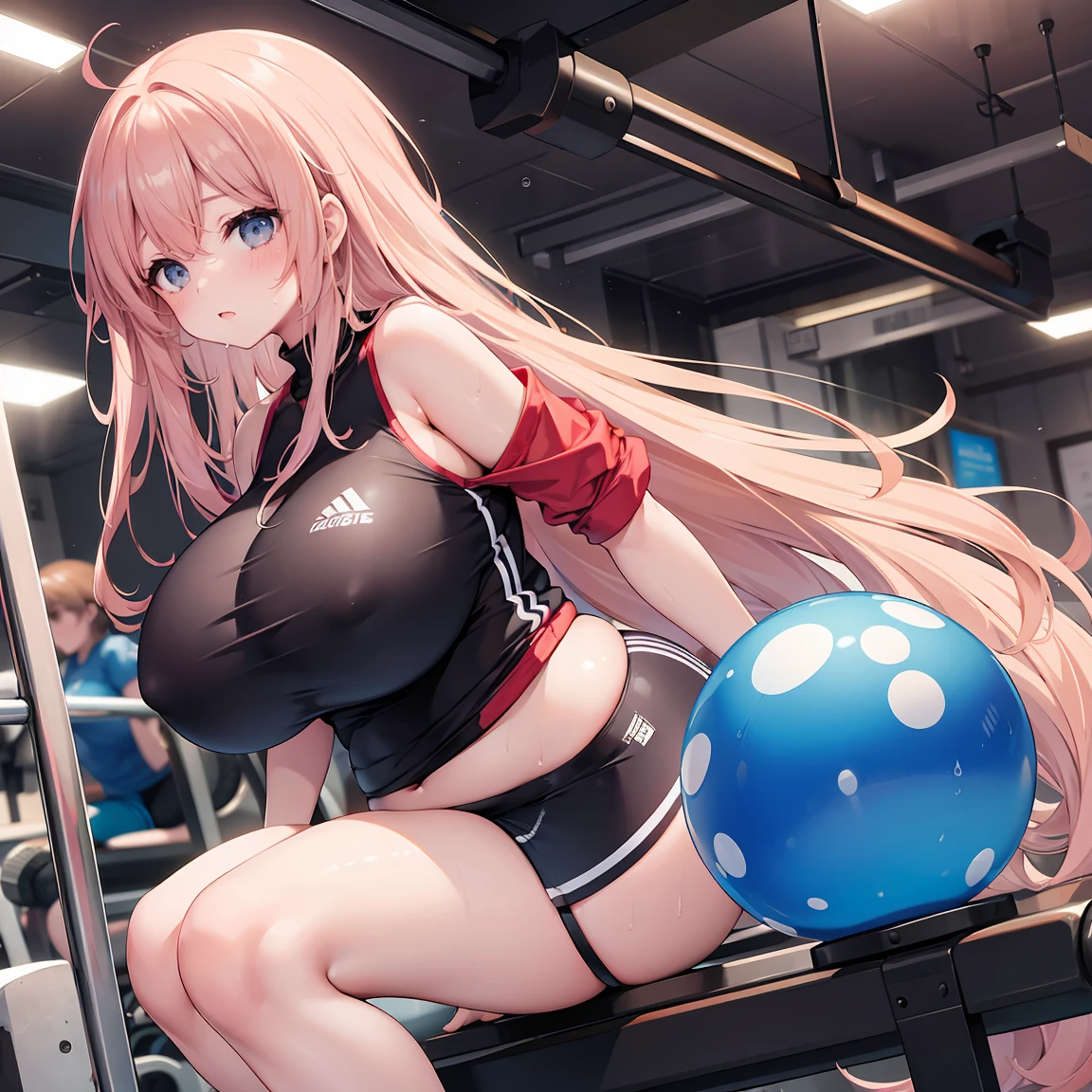 1 girl,Plump figure,extremely huge,in the gym,Ride on a giant balancing ball,Sweating,