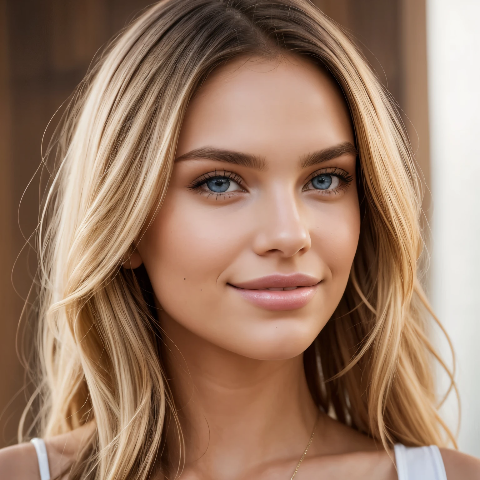 Photo sony a7iii 85 mm 1.4. Portrait of a girl, 26 years old, long hair, blonde. He has expressive blue eyes, beautiful long eyelashes. Sweet smile. Full lips. Very beautiful. Has the facial features of romee strijd and candice swanopoel.