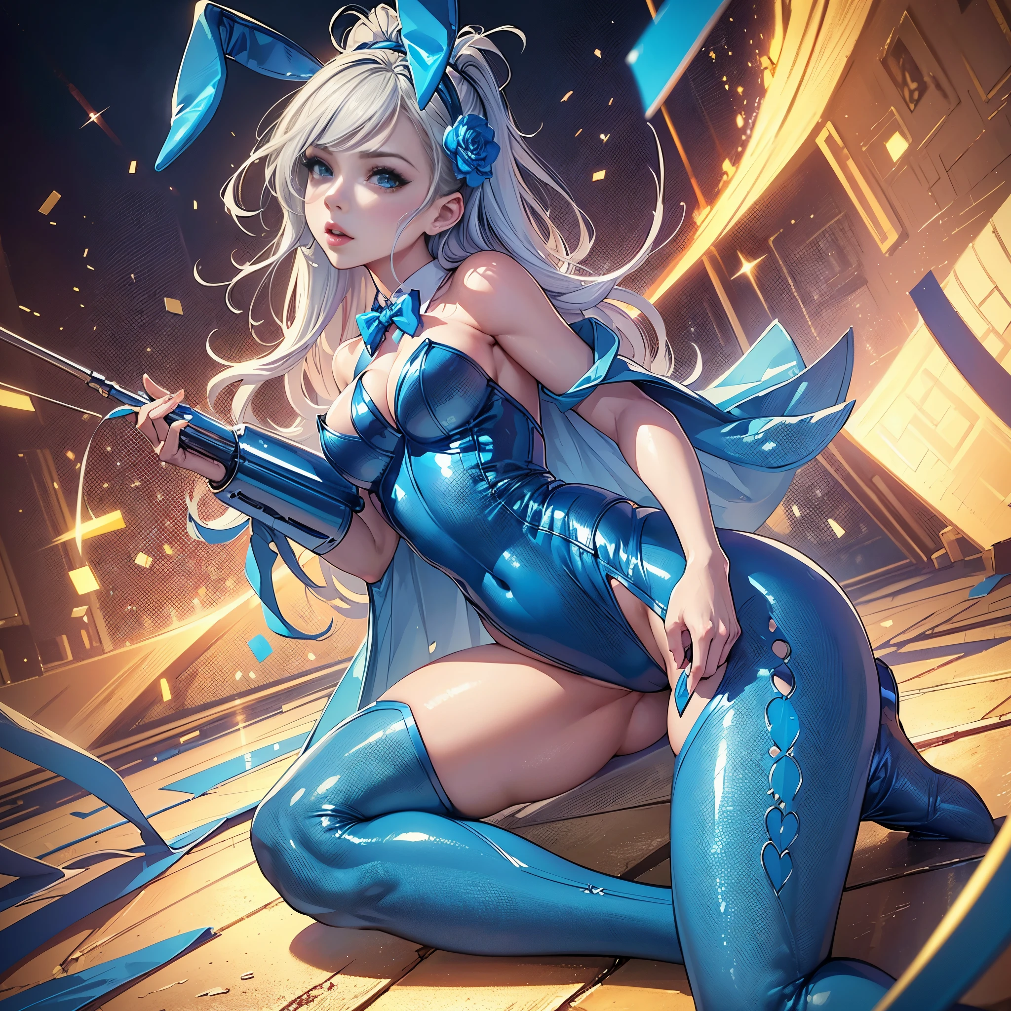 ((Quality: masterpiece, best quality, UHD, anatomically correct, photo realism, textured and detailed skin, skin pores, skin imperfections, textured and detailed hair, volumetric lighting, hyper realistic and detailed background)), whimsical and creative artist woman with a palette of vibrant colors, bunny girl party celebration theme, bunny ears, ((girl kneeling)), unconventional and unique clothes, ((blue bunny suit costume)), 