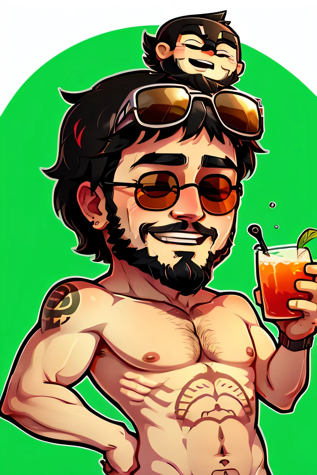 a sticker man who is a bartender. cabelo preto curto e barba . He has a friendly face and is shirtless, wearing sunglasses,grande risada com os olhos fechados, representado com cores vibrantes , big eyes and a welcoming appearance. chibbi anime style representing summer. fundo branco