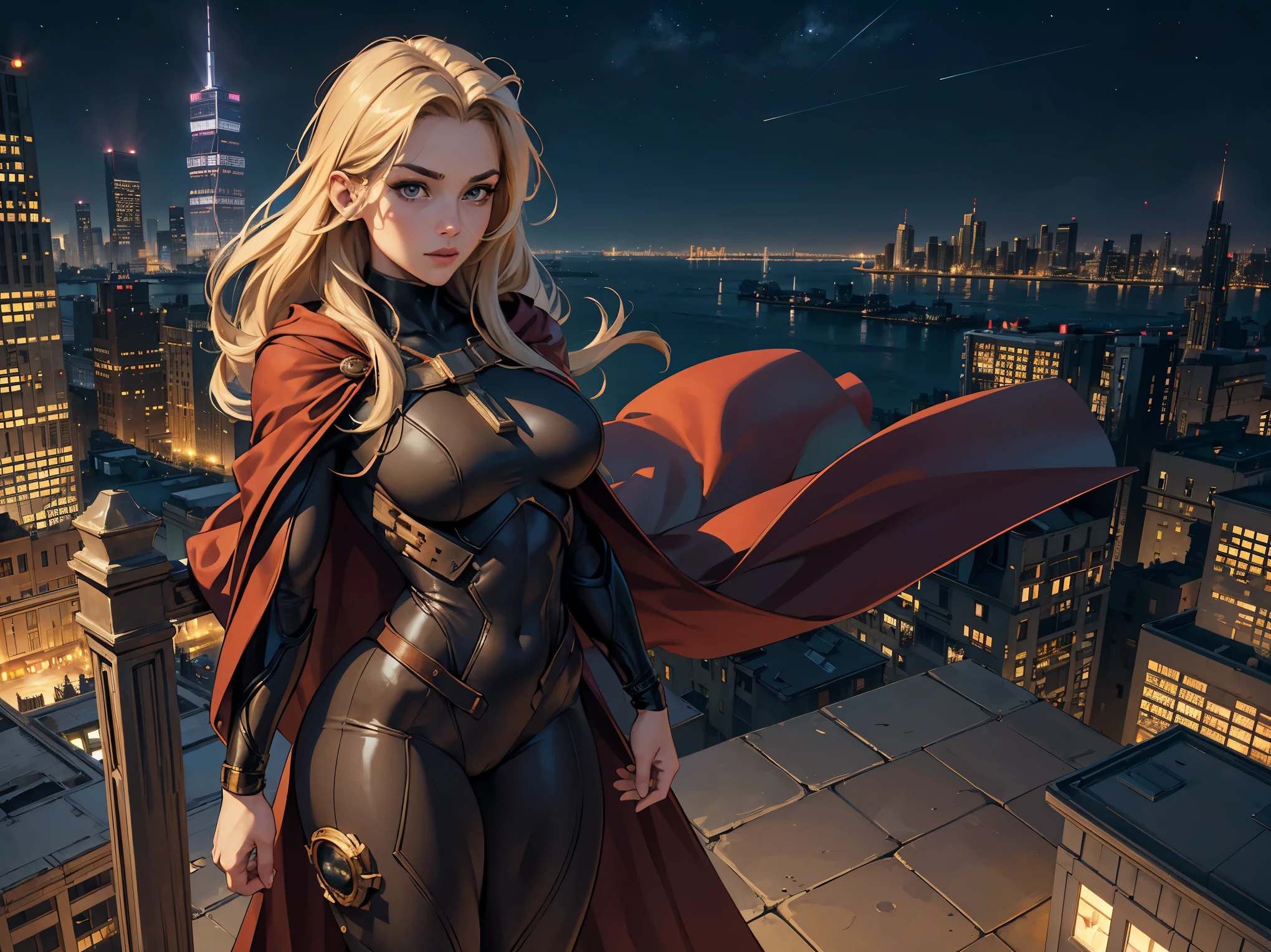 ((masterpiece,highest quality,8K,Super detailed,high resolution,High resolution)),(1 girl),(Heroine wearing an American comic style bodysuit:1.3),(wearing a cloak:1.3),whole body, floating softly in the air, floating higher than the building,(From above),(The background is a city of skyscrapers at night seen from above.:1.5),looking at me,(big breasts:1.1),Thick thighs 1.1),(muscular:1.1)