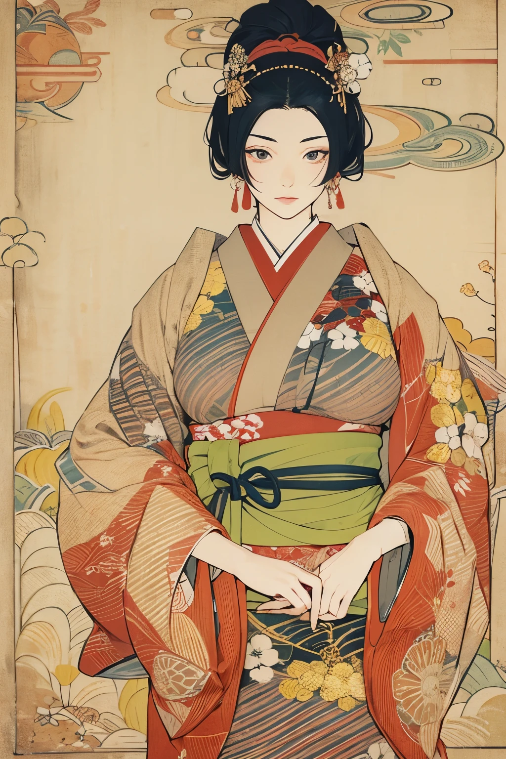 Sharaku,Portrait of a woman,her breasts visible.,It will be centered on the image, Some Japan effects and decorations scattered throughout the photo