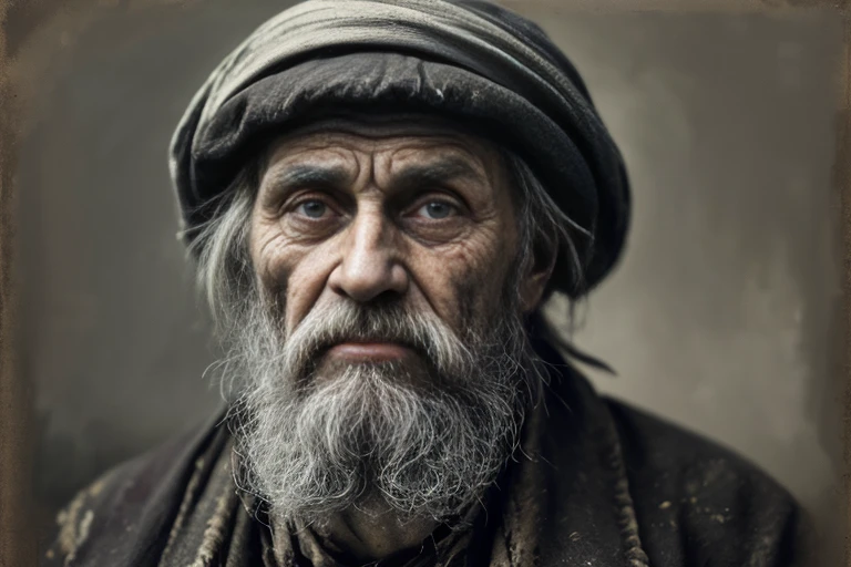 A portrait of poor russian 1800 old worker in rags, ((overwhelming fatigue )), wrinkles of age, concept art, oil pastel painting , moody gray colors , gritty, messy stylestyle of Alexey Savrasov, Ivan Shishkin, Ilya Repin, (cel shaded:1.2), 2d, (oil painting:1.2) highly detailed