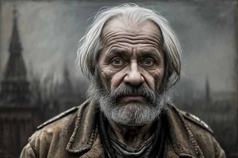 A portrait of poor russian 1800 old worker in rags, ((overwhelming fatigue )), wrinkles of age, concept art, oil pastel painting , moody gray colors , gritty, messy stylestyle of Alexey Savrasov, Ivan Shishkin, Ilya Repin, (cel shaded:1.2), 2d, (oil painting:1.2) highly detailed