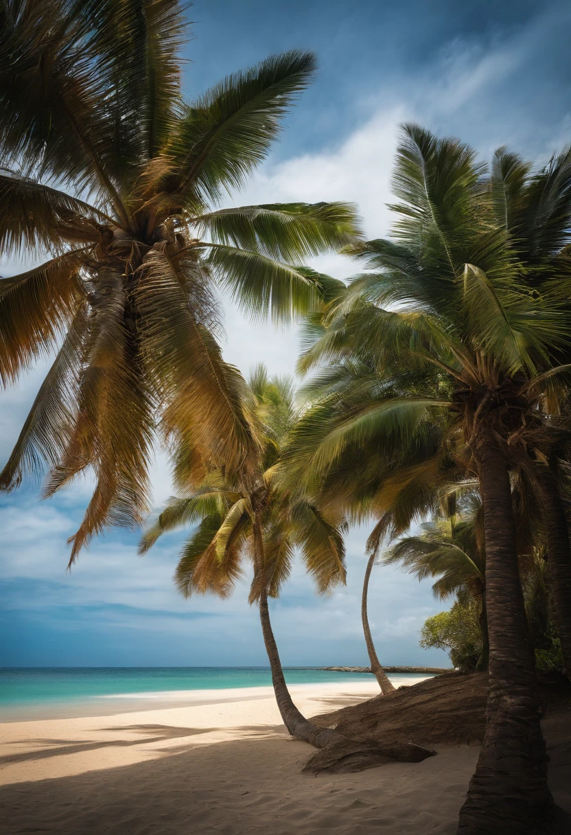 Create a beach with palm trees and a clear blue sky - SeaArt AI