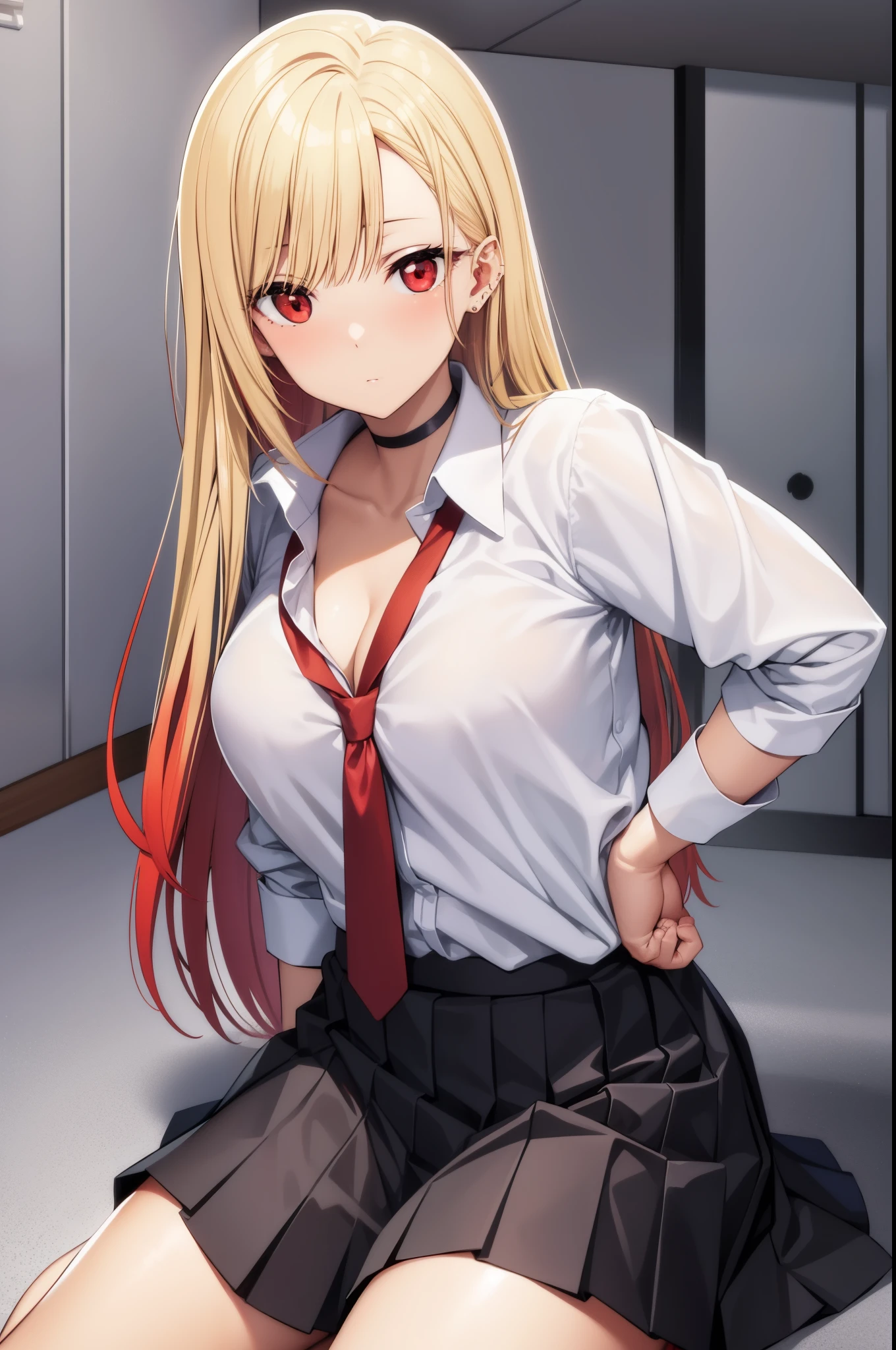 marinkitagawa, marin kitagawa, blonde hair, choker, ear piercing, earrings, long hair, piercing, (red eyes:1.5), straight hair, swept bangs,
BREAK black necktie, long sleeves, pleated skirt, school uniform, shirt, skirt, sleeves rolled up, white shirt, cleavage,
BREAK indoors, classroom,
BREAK looking at viewer, 
BREAK (masterpiece:1.2), best quality, high resolution, unity 8k wallpaper, (illustration:0.8), (beautiful detailed eyes:1.6), extremely detailed face, perfect lighting, extremely detailed CG, (perfect hands, perfect anatomy),