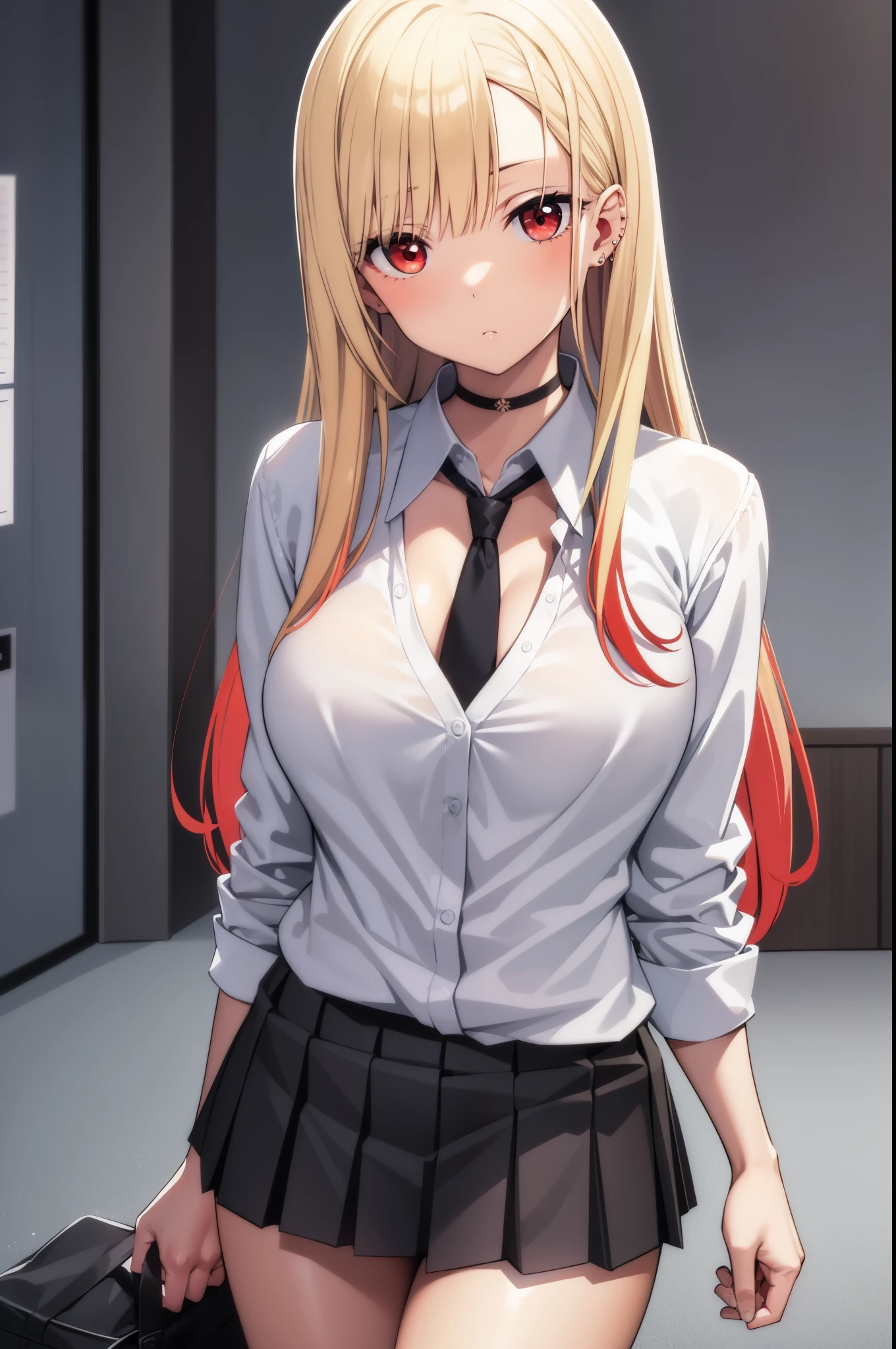 marinkitagawa, marin kitagawa, blonde hair, choker, ear piercing, earrings, long hair, piercing, (red eyes:1.5), straight hair, swept bangs,
BREAK black necktie, long sleeves, pleated skirt, school uniform, shirt, skirt, sleeves rolled up, white shirt, cleavage,
BREAK indoors, classroom,
BREAK looking at viewer, 
BREAK (masterpiece:1.2), best quality, high resolution, unity 8k wallpaper, (illustration:0.8), (beautiful detailed eyes:1.6), extremely detailed face, perfect lighting, extremely detailed CG, (perfect hands, perfect anatomy),