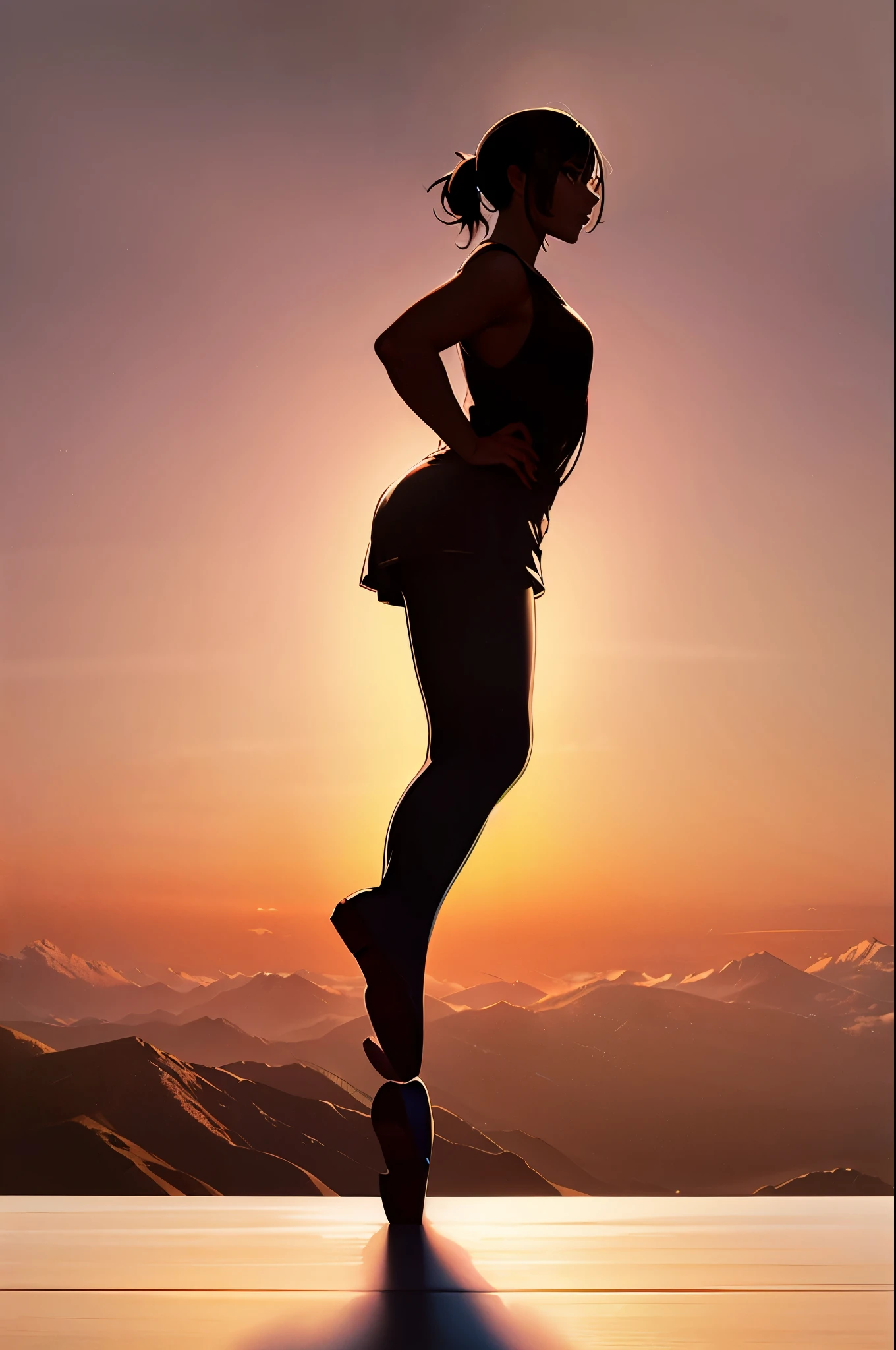 ballet girl on top of mountain，（（silhouette）），Backlight， Photorealism, hyper-realistic, orante, Super detailed, Sunset lighting, shadow, high dynamic range，work