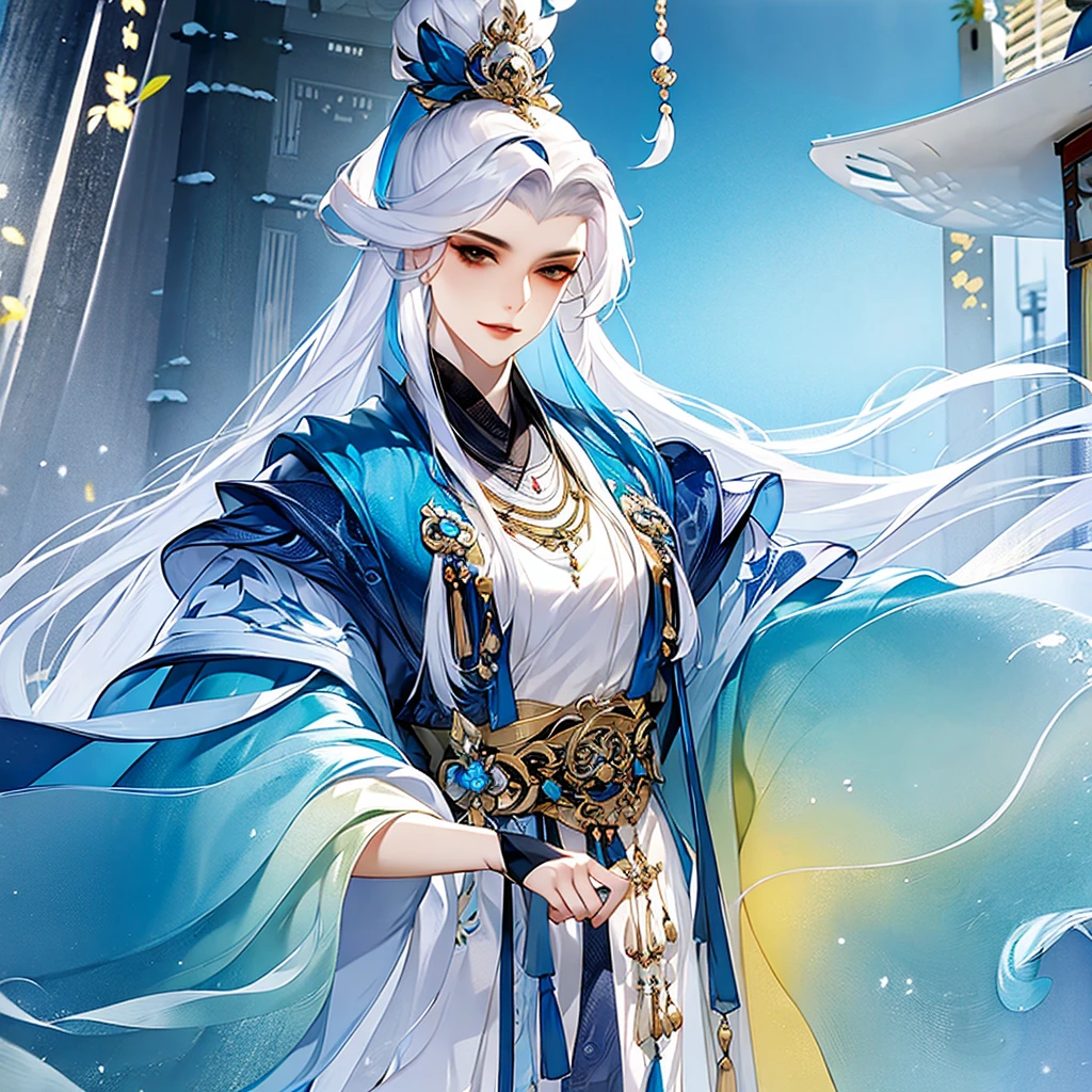 best quality，masterpiece，Highly detailed wallpapers，1 beauty，beautiful eyes，Character standing painting，long white hair，Imperial temperament，asian architecture palace，Gorgeous hair accessorielue clothes，white hair，looking at the audience，Hanfed pillar，ink style，