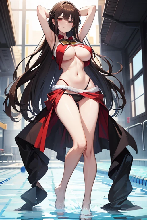 Slender, beautiful figure, big breasts Like a full body, Right arm crossed at the waist, Long brown hair, Black-lined eyes, grinning face, Bare breasts, Santa panties, prominent hips, Exposing navel, Exposing armpits, shy, School pool