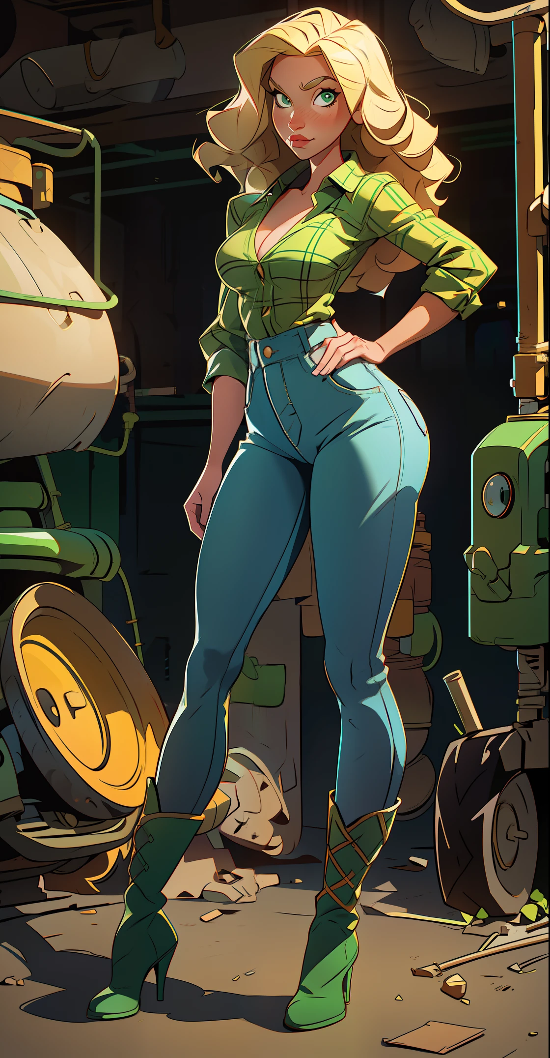 1 woman, Blonde woman, curly hair , green eyes , Sly face , Green plaid shirt , big breasts, cowboy jeans, Long legs ,  stretch , boots , Abandoned factory,