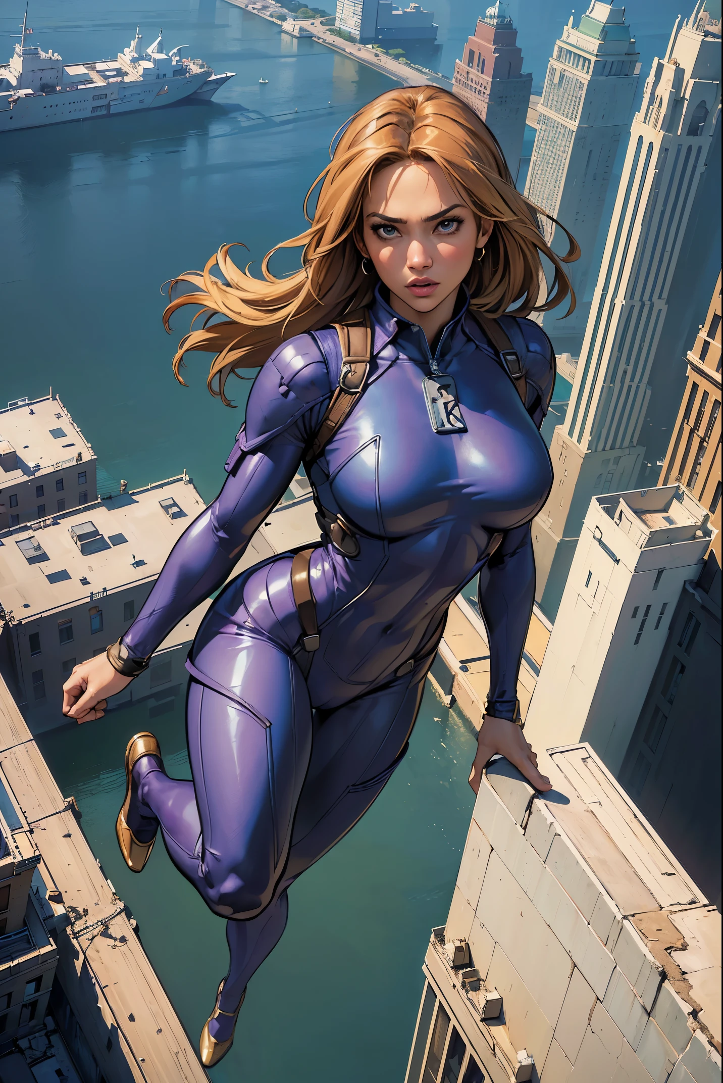 ((masterpiece,highest quality,8K,Super detailed,high resolution,High resolution)),(1 girl),(Heroine wearing an American comic style bodysuit:1.3),whole body, floating softly in the air, From above, dynamic pose,The background is a city of buildings seen from above.,looking at me,jennifer lopez