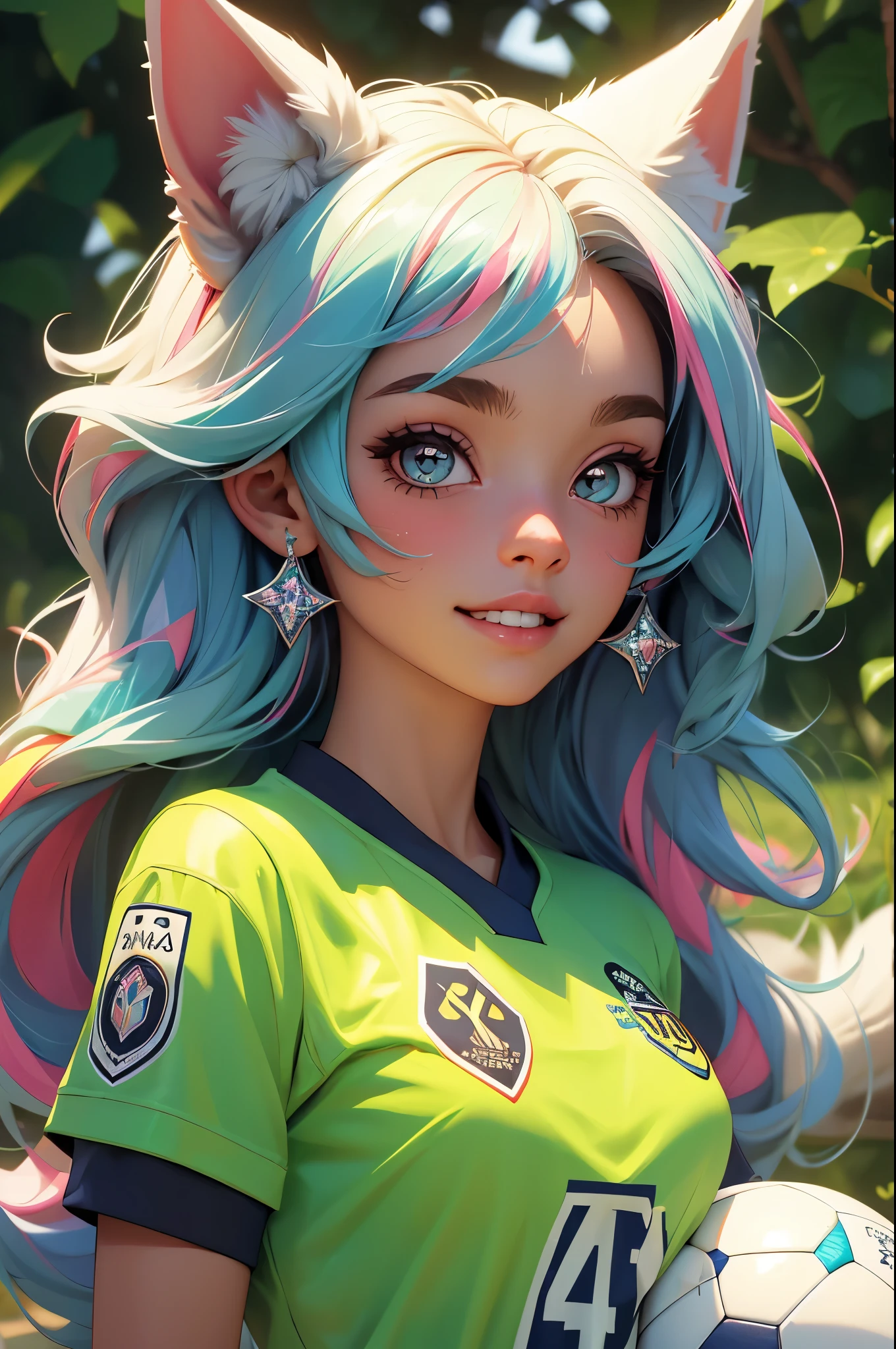 (obra-prima, melhor qualidade: 1.2), anime girl with fox ears, solo, foco feminino, sorriso, olhando para espectador, soccer uniform, campo de futebol, diamante, cabelo multicolorido, olhos multicoloridos