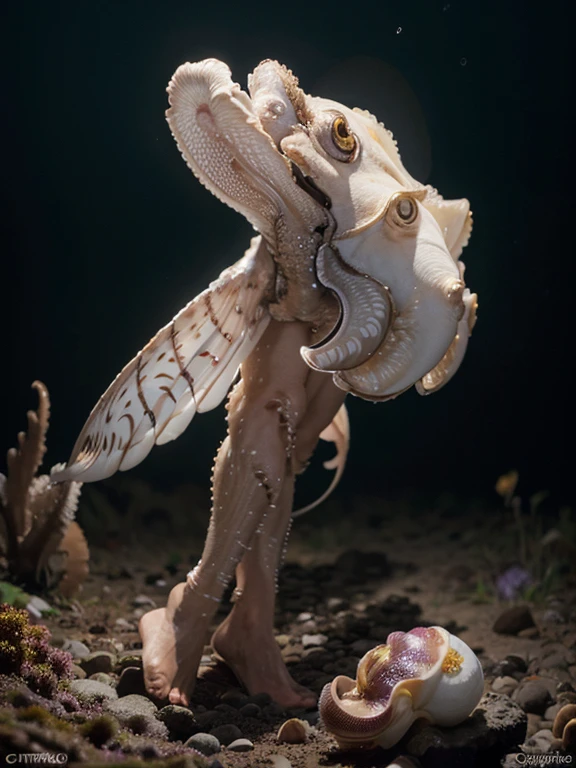 Large three-legged creature, corpo transparente e iluminado, rosa, andando sobre todas as pernas, (((cuttlefish head))), um olho, pernas sic, alta qualidade de imagem, realistic appearance, high resolution photography, 8K, matriz full-frame, sombras profundas , ((um caractere)), (detalhes intrincados, subsurface scattering,flores, hiperdetalhado: 1,15), (hiperrealismo, volumeric lighting, sharp: 1,5) Fujifilm XT3