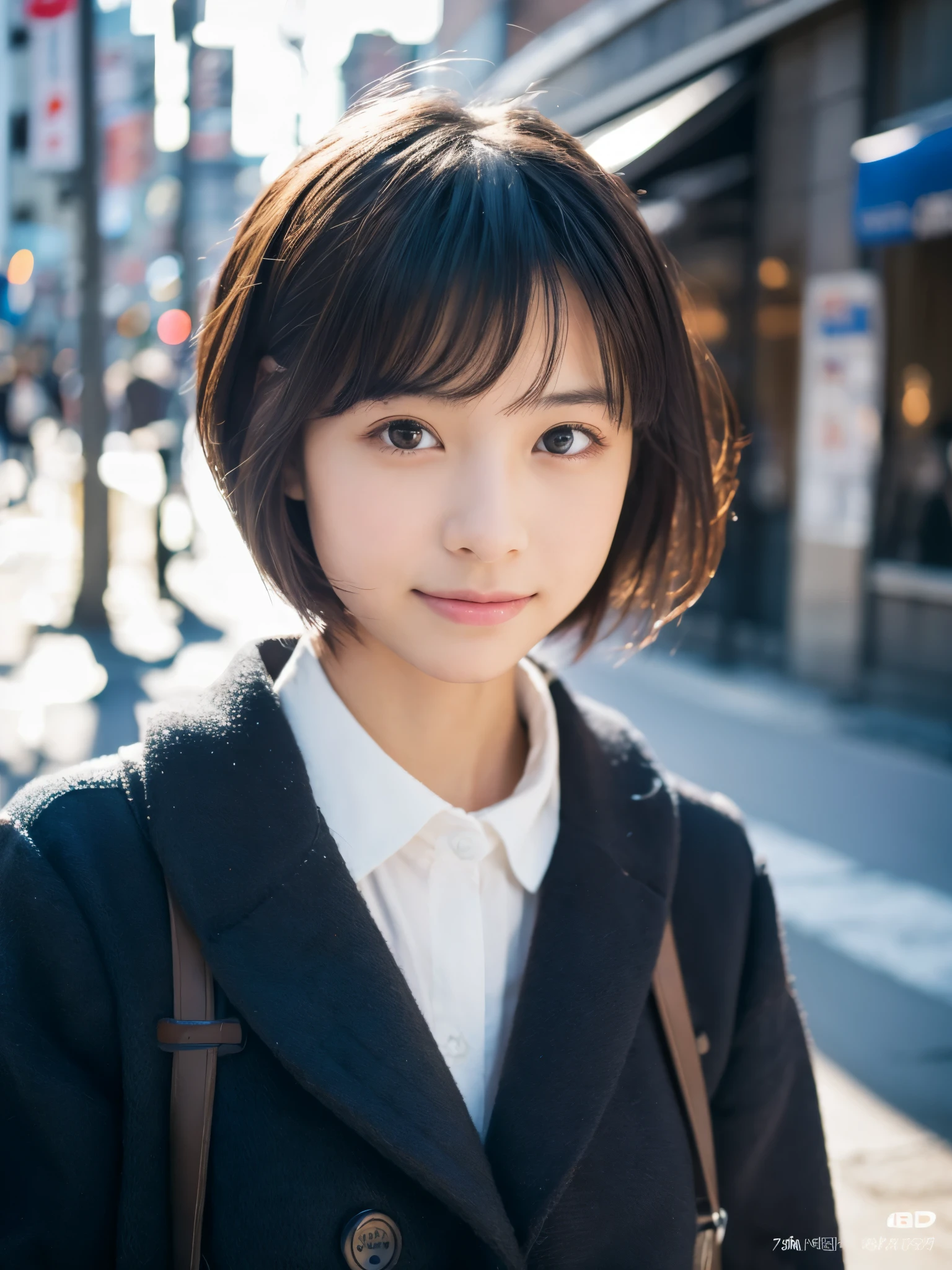 photorealistic, 8K, Full body portrait, Beautiful woman, A charming expression, Clear system, Shorthair, , Tokyo, Winters, Shibuya in the background