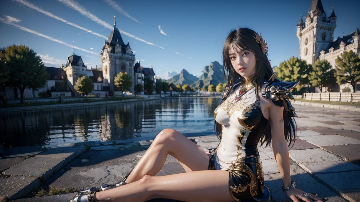 realistic, (masterpiece, top quality, best quality, official art, beautiful and aesthetic:1.2), extremely detailed,fractal art,colorful,highest detailed,dynamic angle,(castle on the cloud and mountain) 1girl,queen,RIN,rin