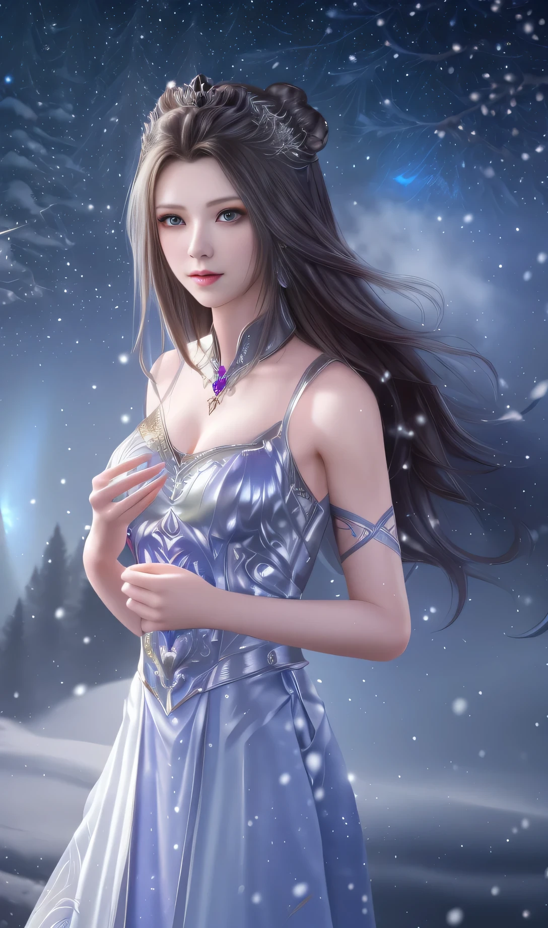 a woman in a dress is standing in the snow, fantasy art style, 8k high quality detailed art, beautiful fantasy art, ((a beautiful fantasy empress)), trending on cgstation, ethereal beauty, artwork in the style of guweiz, beautiful digital artwork, beautiful alluring anime woman, smooth anime cg art, digital fantasy art ), beautiful anime woman