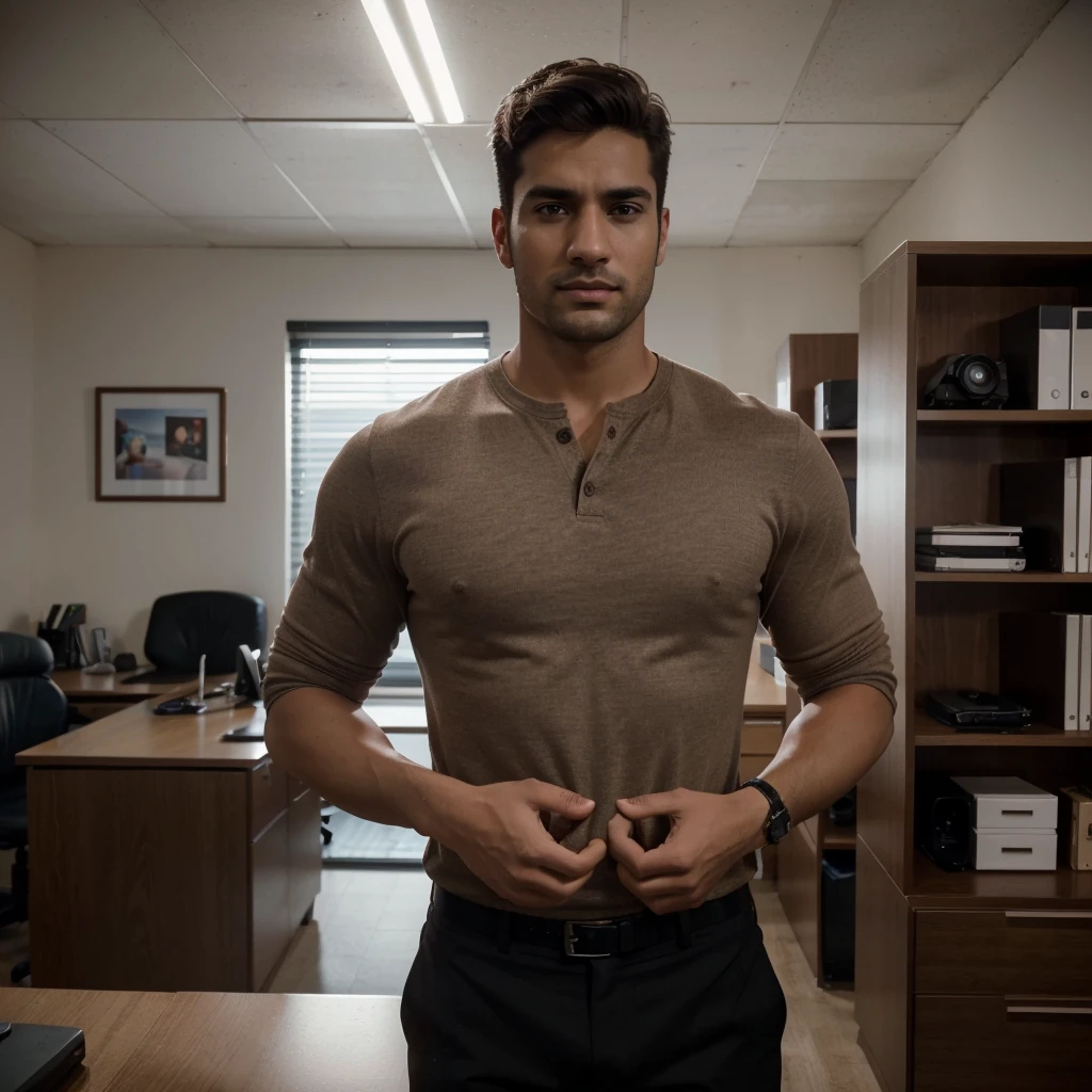 Handsome person. ultrahigh resolution, Strong impression 28 year old male, Cinematographer, 4k, (fotorrealista: 1.4), cinematic lighting, a beautiful 28 year old man standing in office with office furniture, barba, brown eyes. Front complete looks. Ultra Realistic.