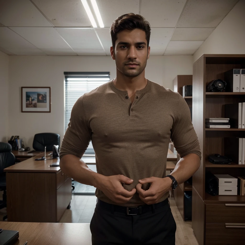 Handsome person. ultrahigh resolution, Strong impression 28 year old male, Cinematographer, 4k, (fotorrealista: 1.4), cinematic lighting, a beautiful 28 year old man standing in office with office furniture, barba, brown eyes. Front complete looks. Ultra Realistic.