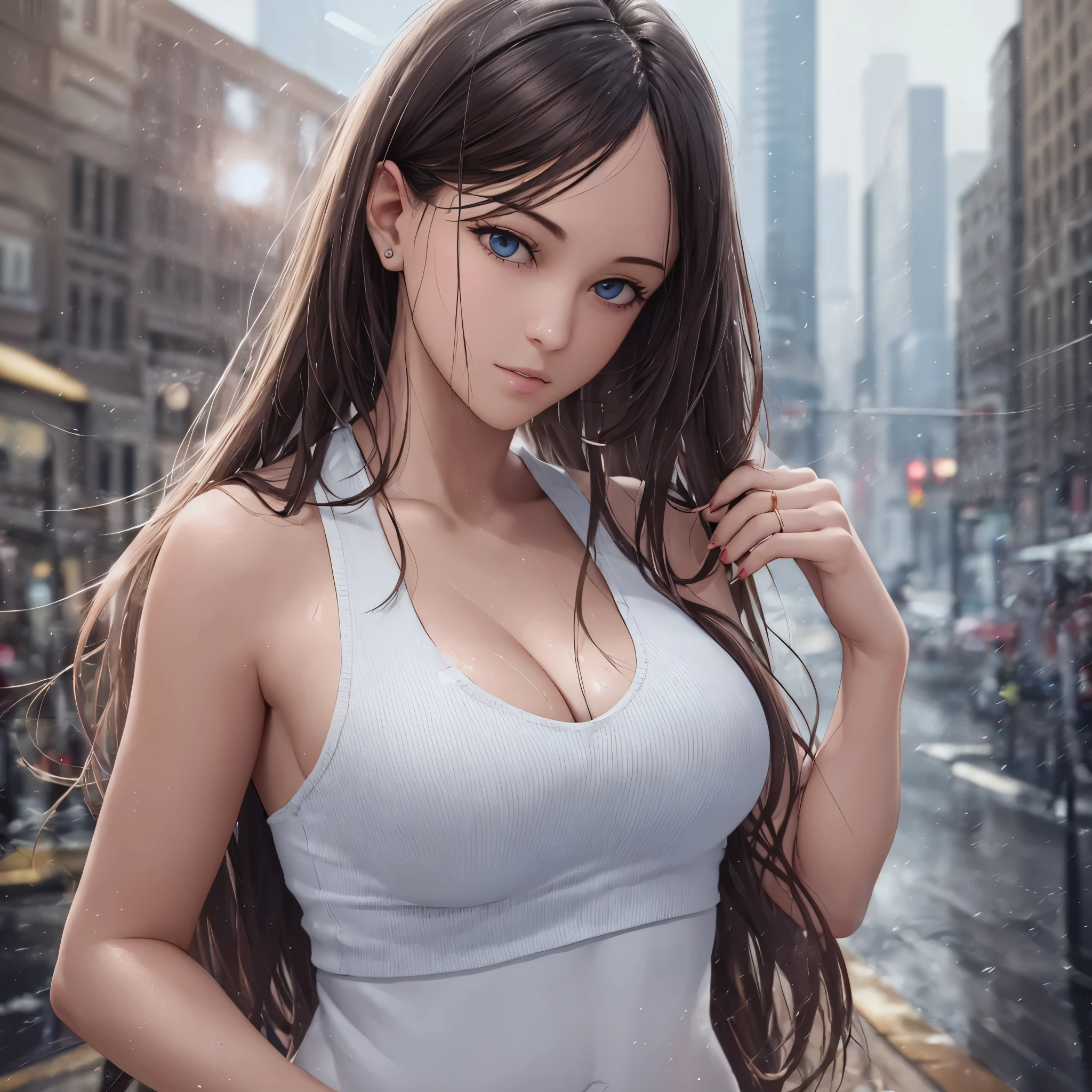 ((Realistic lighting, Best quality, 8K, Masterpiece: 1.3)), Clear focus: 1.2, 1girl, Perfect body beauty: 1.4, Slim abs: 1.1, (Big breasts), (White vest: 1.4), (Outdoor, night: 1.1), City streets, Super fine face, fine eyes, Double eyelids, (Wet in the rain, wet body: 1.2)  --auto --s2