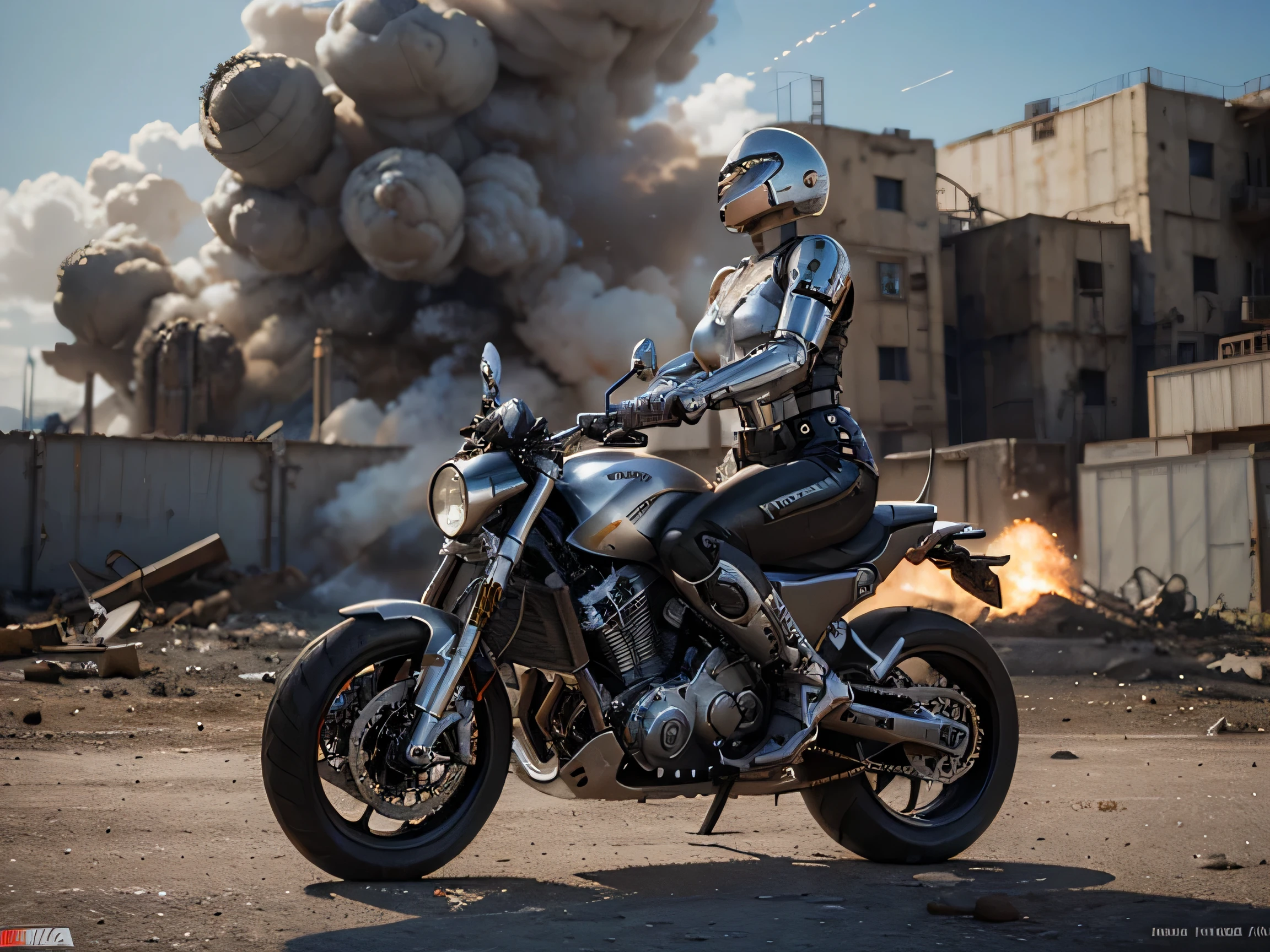 explosions, roupas brancas, white chrome terminator as robocop as cyborg with big gun, rivets, an oil painting, rivets, the neutral colors, paul hedley , happy, action movie poster, fine art. royo. full view. moto yabusa. explosions behind.