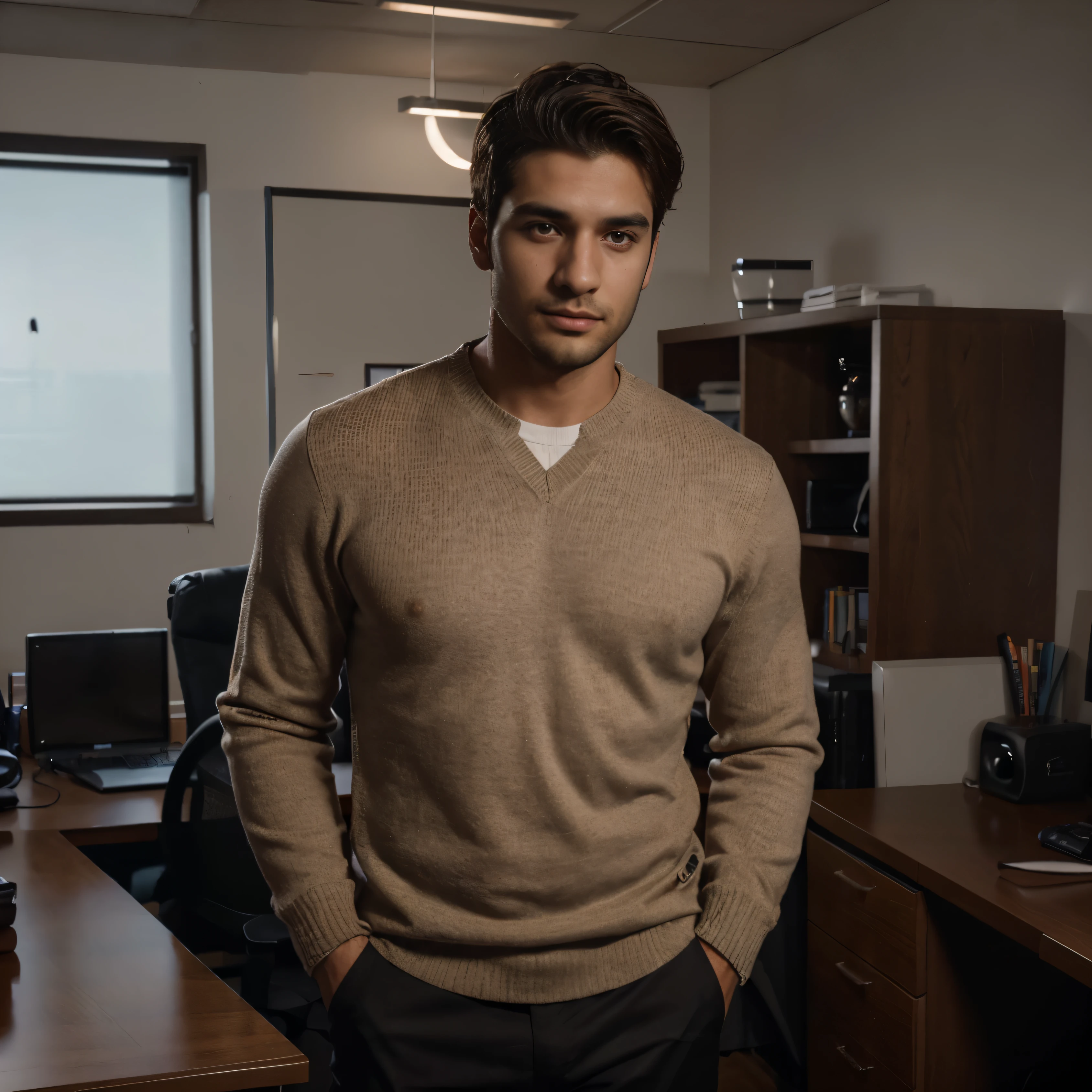Handsome person. ultrahigh resolution, Strong impression 28 year old male, Cinematographer, 4k, (fotorrealista: 1.4), cinematic lighting, a beautiful 28 year old man standing in office with office furniture, barba, brown eyes. Front complete looks