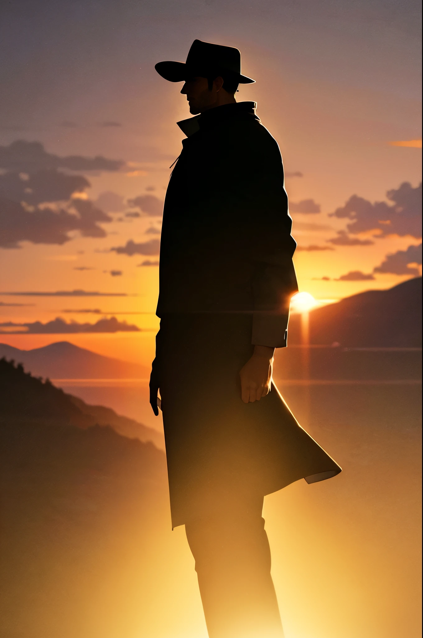 cowboy on hilltop,((silhouette)),Backlight, Photorealism, hyper-realistic, orante, Super detailed, Sunset lighting, shadow, high dynamic range,work