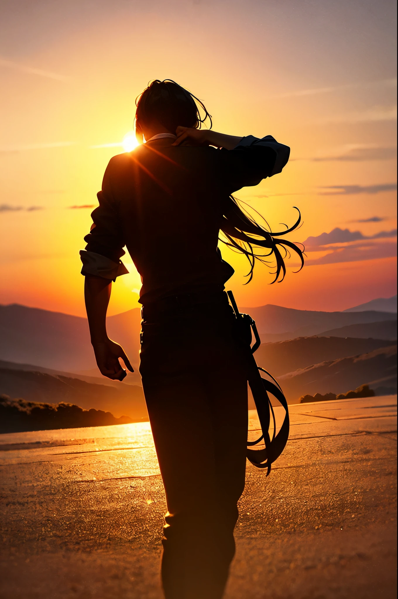 cowboy on hilltop，（（silhouette）），Backlight， Photorealism, hyper-realistic, orante, Super detailed, Sunset lighting, shadow, high dynamic range，work