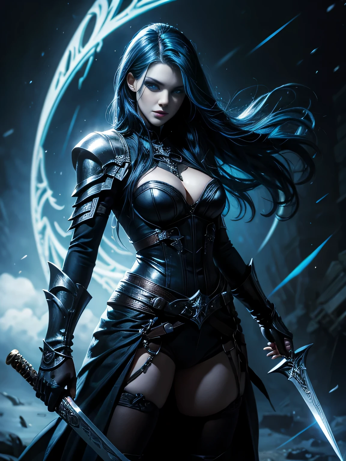 Evil (Alyssa White Gluz), aetheral beauty, blue hair, blue eyes, full body. Gothic warrior, black lather, a guitar sword in her hand, fully detailled. Royo