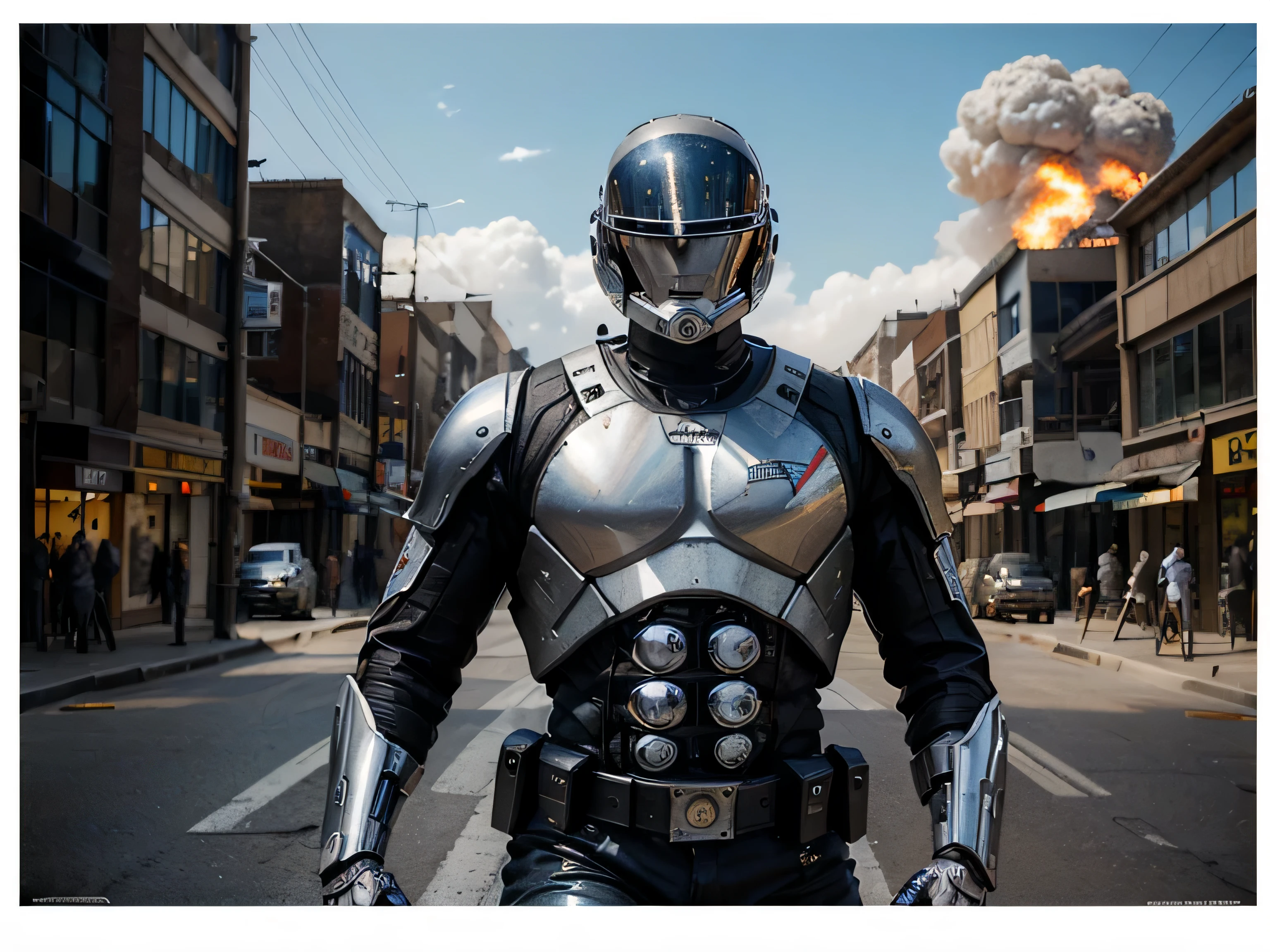 explosions, roupas brancas, helmet, white chrome terminator as robocop as cyborg with big gun, rivets, an oil painting, rivets, the neutral colors, paul hedley , happy, action movie poster, fine art. royo. full view. moto yabusa. explosions behind.