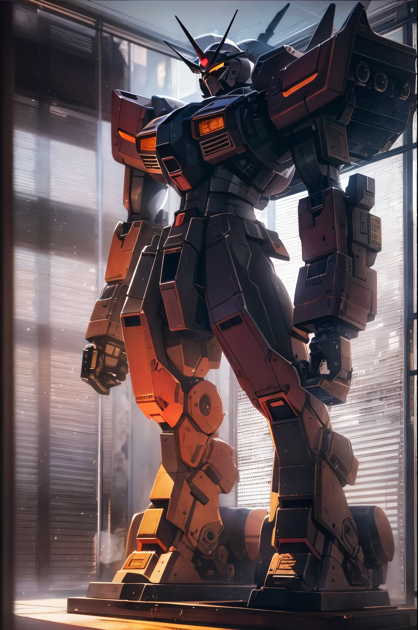 Huge Gundam,((silhouette)),Backlight, Photorealism, hyper-realistic, orante, Super detailed, Sunset lighting, shadow, high dynamic range,work