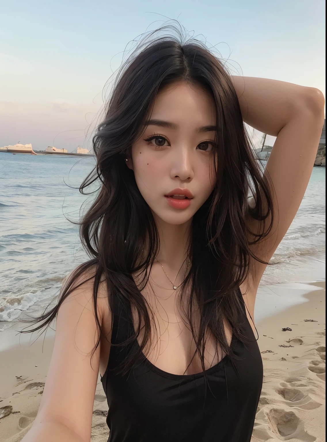 um close de uma mulher com uma blusa preta na praia, beautiful Asian girl, beautiful south mulher coreana, asian features, gorgeous young mulher coreana, Menina coreana, beautiful asian woman, beautiful young mulher coreana, an Asian woman, Asian pretty face, Asian girl, young handsome wan face asian, a young Asian woman, mulher coreana, Southeast Asian with round face
